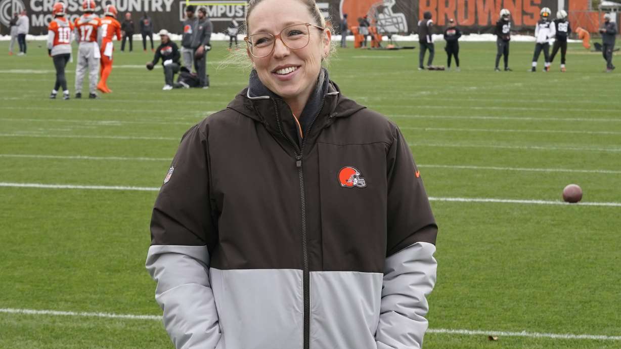 FILE - Catherine Hickman, assistant GM & vice president of football operations for the Cleveland Browns, is pictured during an interview at an NFL football practice, Thursday, Nov. 2, 2023, in Berea, Ohio.