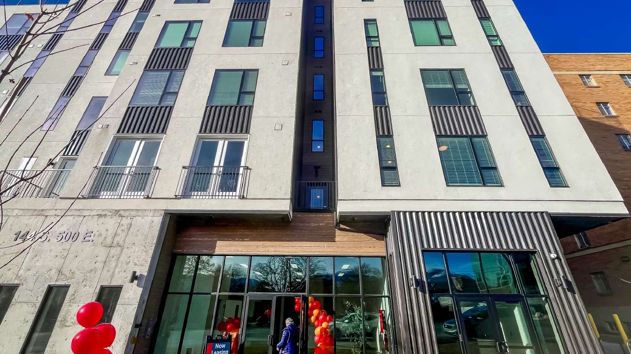 The exterior of 144 South, a new 110-unit affordable housing complex in Salt Lake City on Wednesday. Residents recently began moving into the complex.