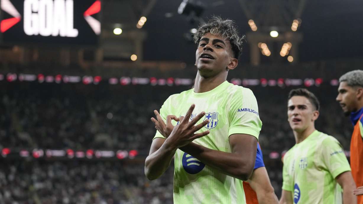 Barcelona's Lamine Yamal celebrates after scoring during the Spanish Super Cup semifinal match between Athletic Bilbao and Barcelona in Jeddah, Saudi Arabia, on Wednesday, Jan. 8, 2025.