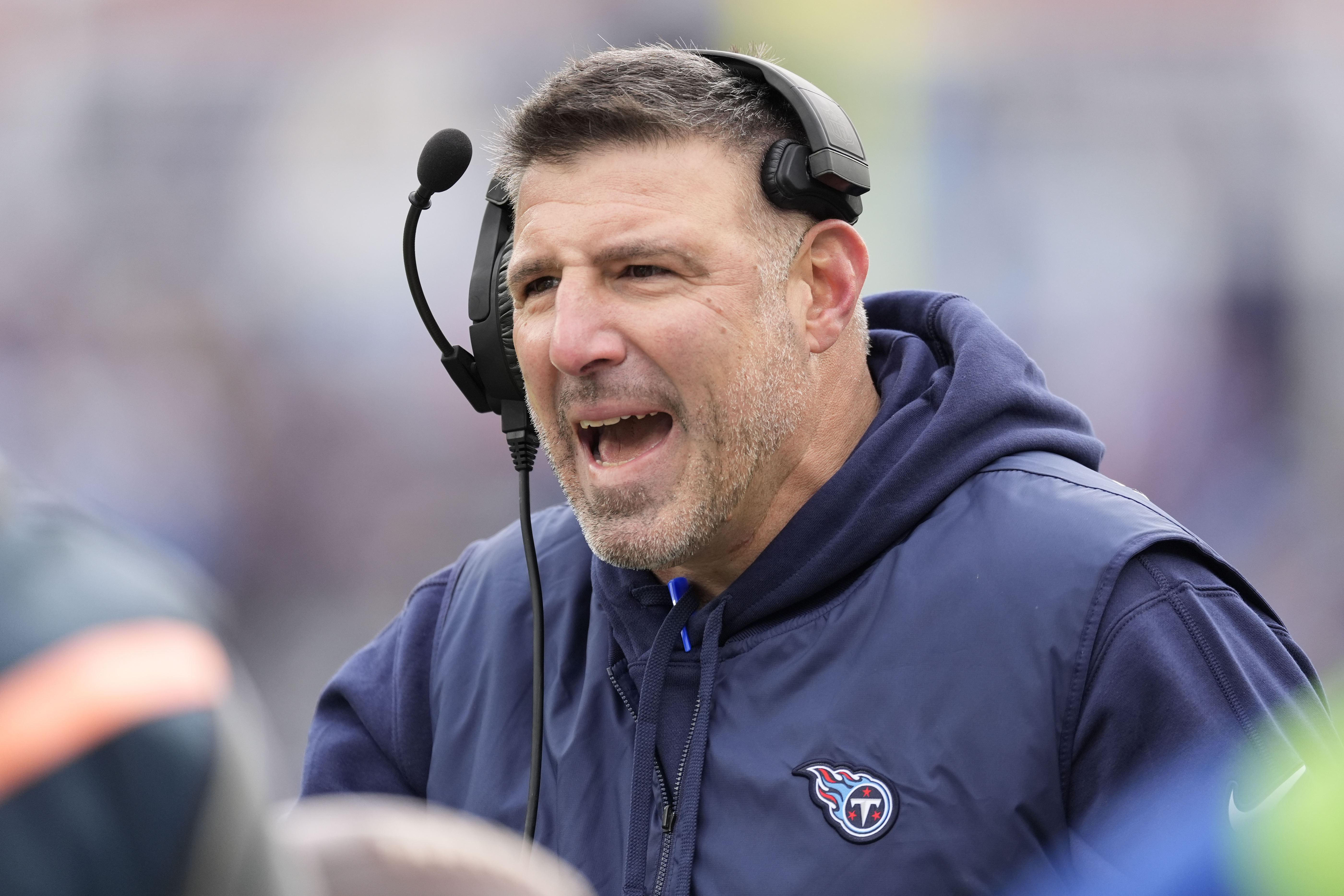FILE - Tennessee Titans head coach Mike Vrabel argues a call during the first half of an NFL football game against the Jacksonville Jaguars Sunday, Jan. 7, 2024, in Nashville, Tenn.