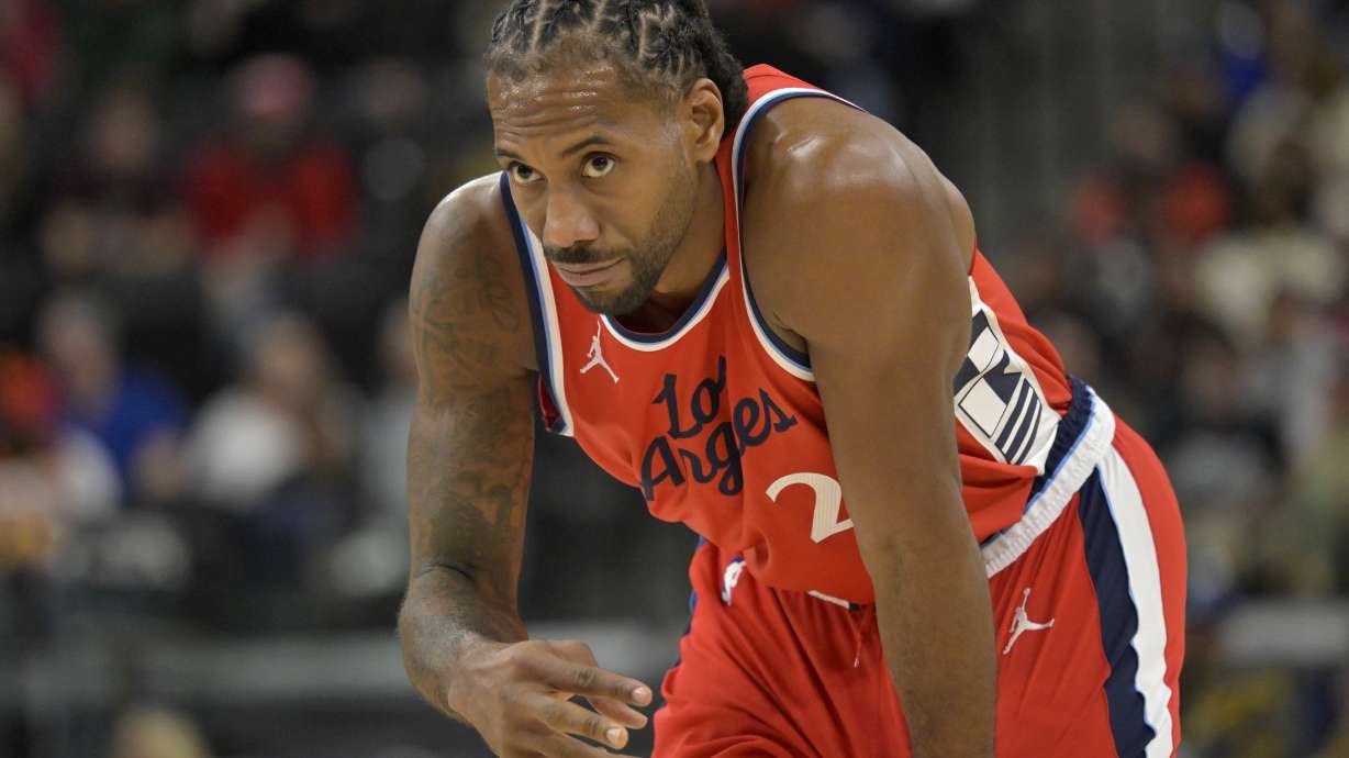 Los Angeles Clippers forward Kawhi Leonard looks on during the second half of an NBA basketball game against the Atlanta Hawks, Saturday, Jan. 4, 2025, in Los Angeles.