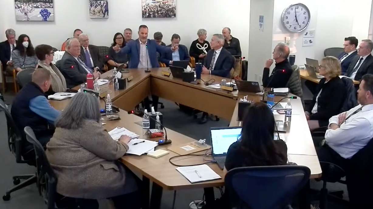 Ogden Mayor Ben Nadolski, center, addresses a work session of the Ogden City Council on Tuesday on a proposal to develop a facility to serve the chronically homeless.