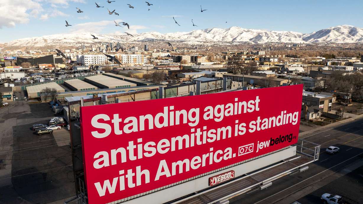 A JewBelong billboard along I-15 near 1800 South in Salt Lake City is pictured on Monday. A national nonprofit organization that fights antisemitism and makes Judaism accessible is putting up billboards en route to major Salt Lake City ski resorts.