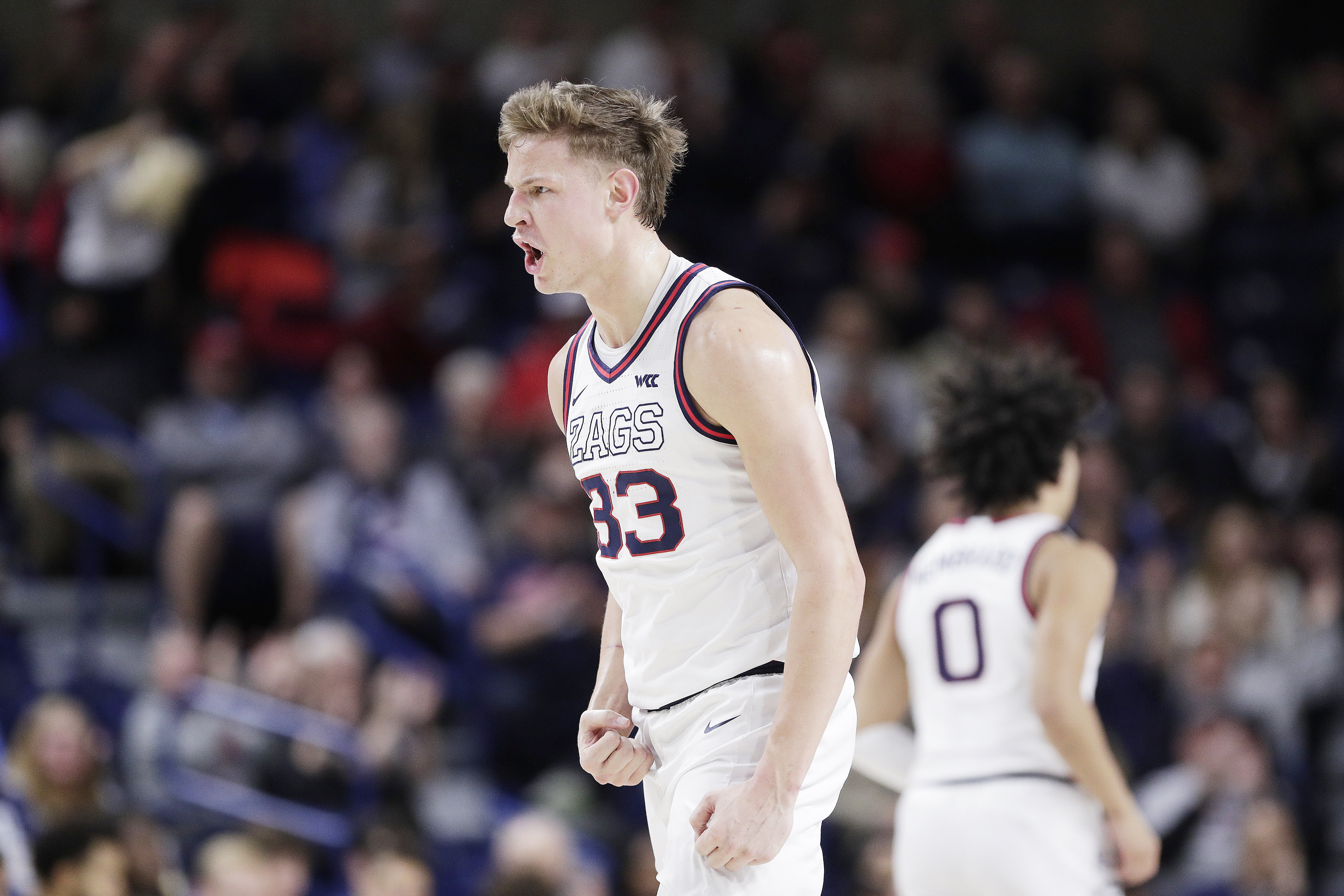 Gonzaga forward Ben Gregg (33) celebrates his basket during the first half of an NCAA college basketball game against San Diego, Wednesday, Jan. 8, 2025, in Spokane, Wash.