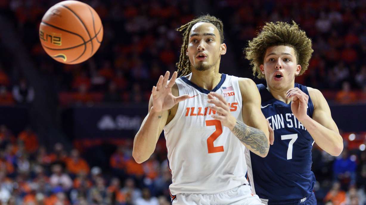Illinois' Dra Gibbs-Lawhorn waits for a pass in front of Dominick Stewart during the second half of an NCAA college basketball game against Penn State, Wednesday, Jan. 8, 2025, in Champaign, Ill.