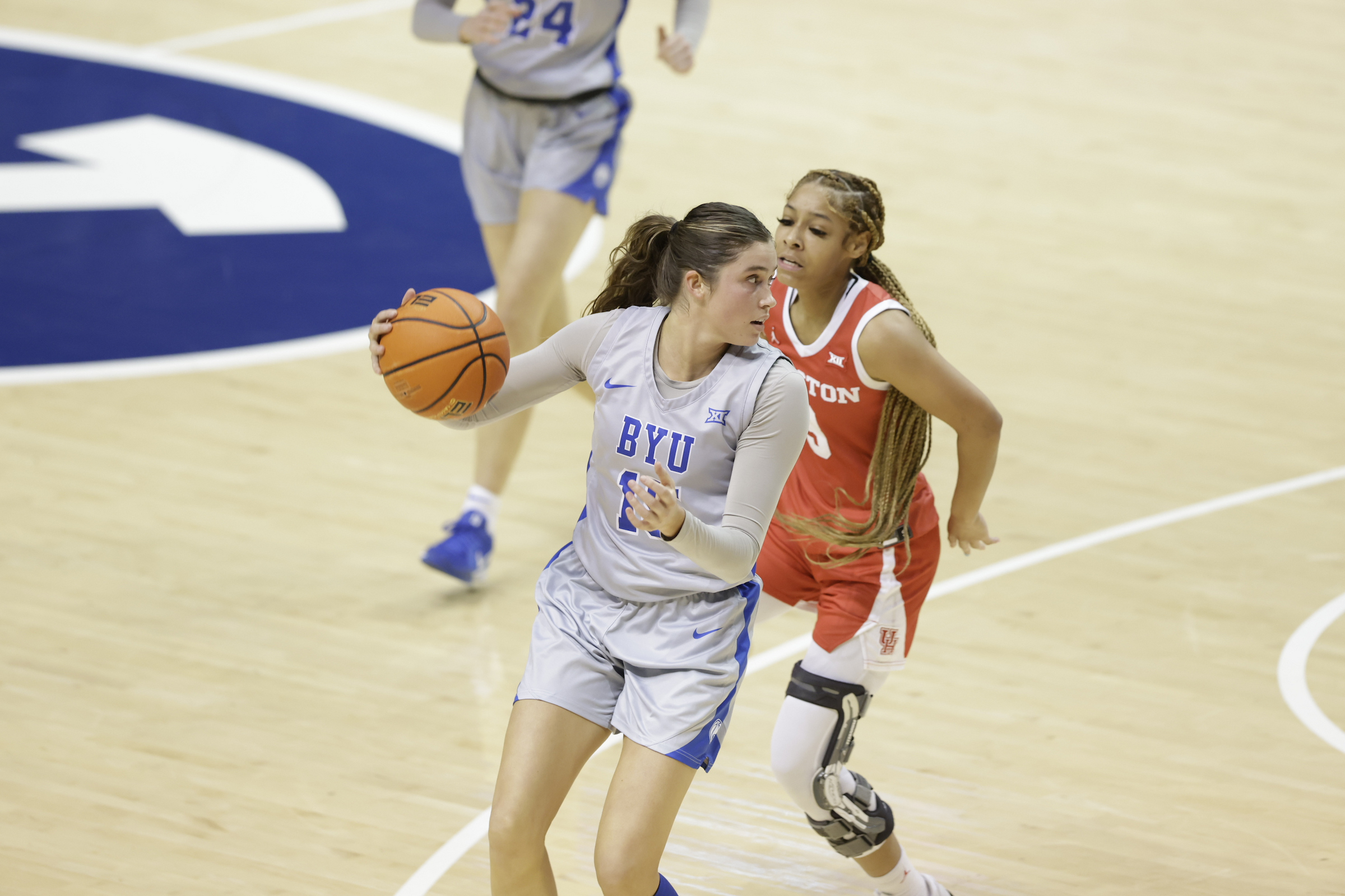 BYU's Kemery Congdon looks to drive against Houston during a Big 12 women's basketball game, Wednesday, Jan. 8, 2024, at the Marriott Center in Provo, Utah.