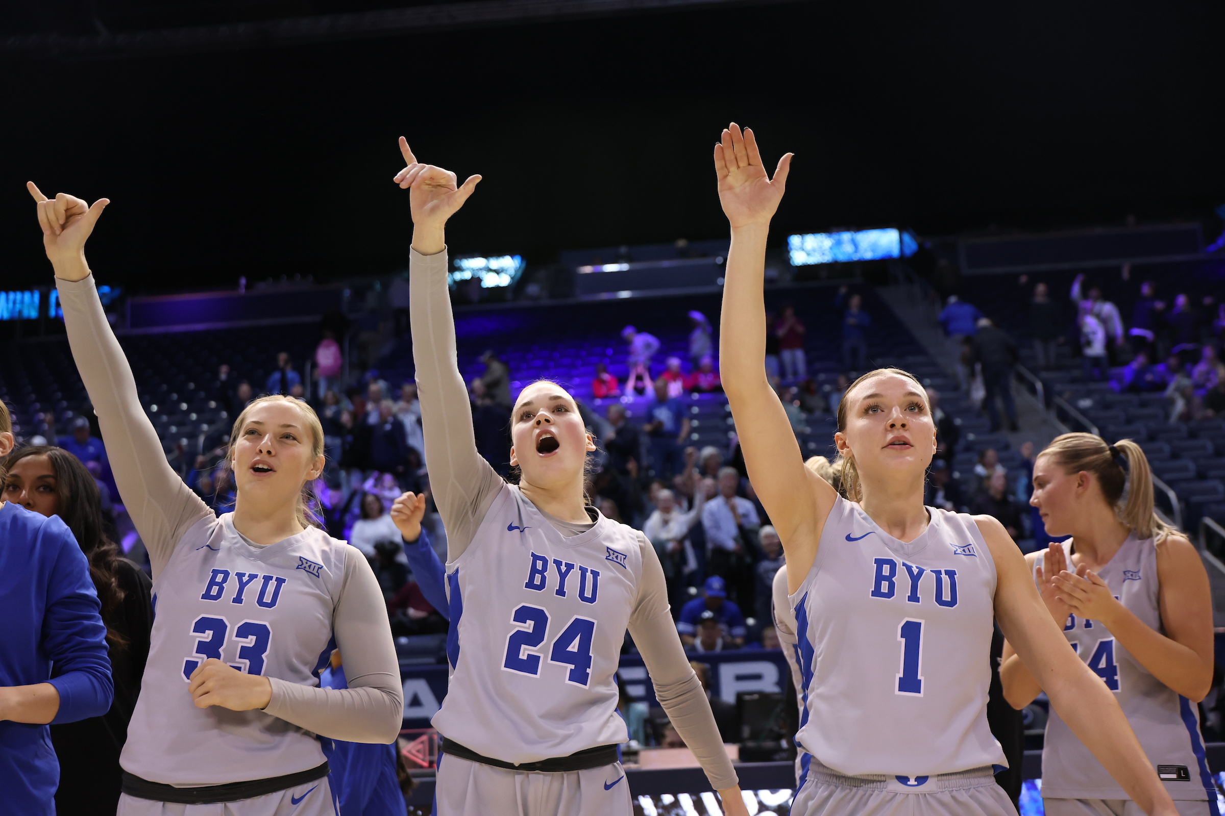 BYU's Hattie Ogden, Brinley Cannon and Amari Whiting against Houston during a Big 12 women's basketball game, Wednesday, Jan. 8, 2024, at the Marriott Center in Provo, Utah.