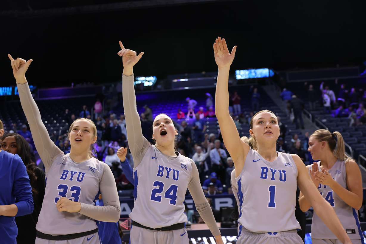 BYU's Hattie Ogden, Brinley Cannon and Amari Whiting against Houston during a Big 12 women's basketball game, Wednesday, Jan. 8, 2024, at the Marriott Center in Provo, Utah.