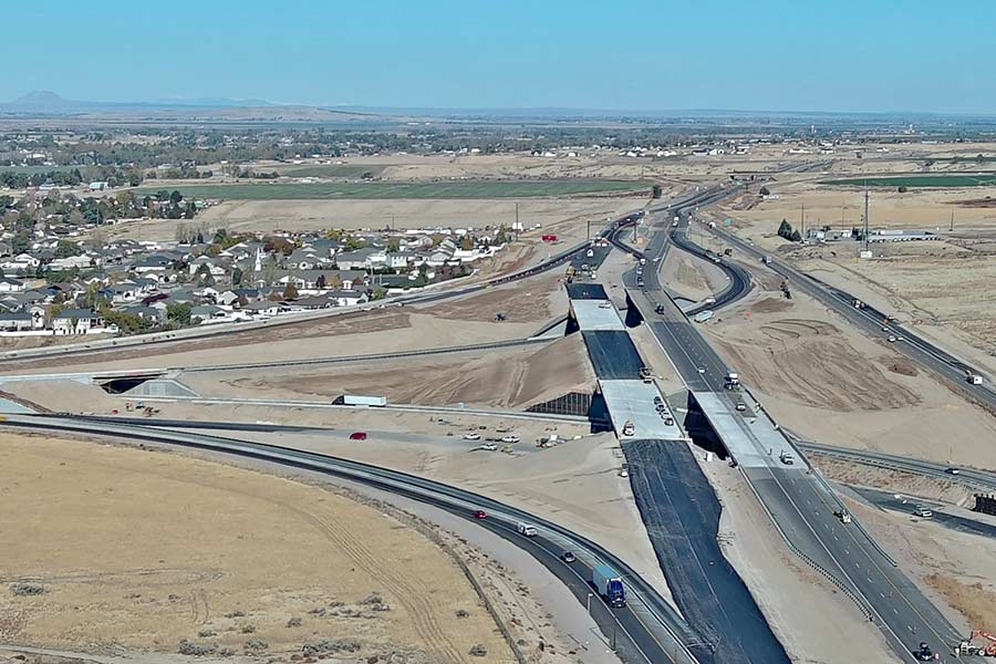 An overhead view of the new Pocatello/Chubbuck interchange facing north.