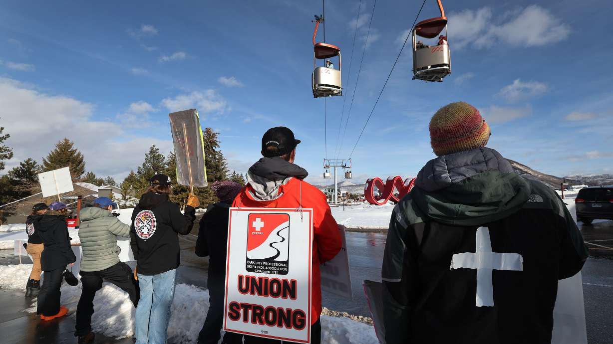 Park City Mountain ski patrollers strike at Park City Mountain Canyons Village in Park City on Jan. 2. After 10 months of contract negotiations and a 13-day strike, Park City's ski patrollers are returning to work on Thursday with pay raises.