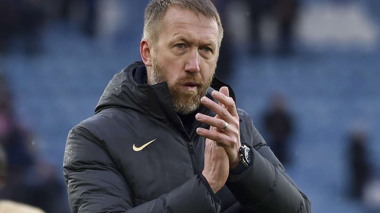 FILE - Chelsea's head coach Graham Potter celebrates at the end of the English Premier League soccer match between Leicester City and Chelsea at King Power stadium in Leicester, England, Saturday, March 11, 2023.