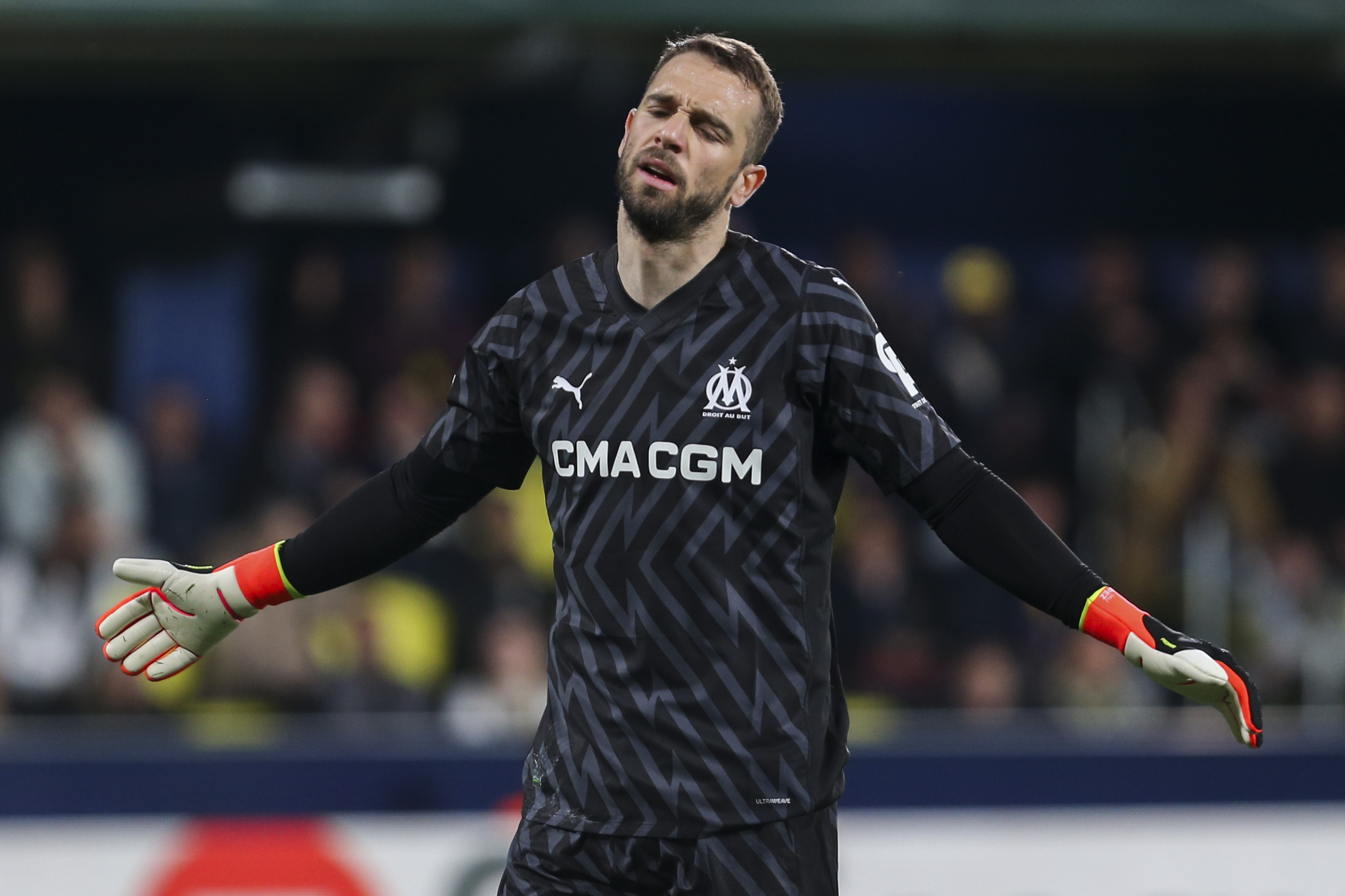 FILE - Marseille's goalkeeper Pau Lopez reacts during the Europa League round of 16, second leg, soccer match between Villarreal and Olympique de Marseille in Villarreal, east Spain, on March 14, 2024.