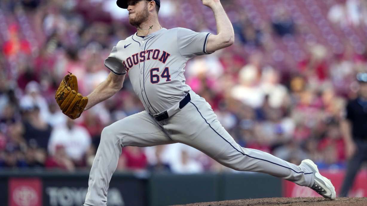 FILE - Houston Astros pitcher Caleb Ferguson throws during the seventh inning of a baseball game against the Cincinnati Reds, Monday, Sept. 2, 2024, in Cincinnati.