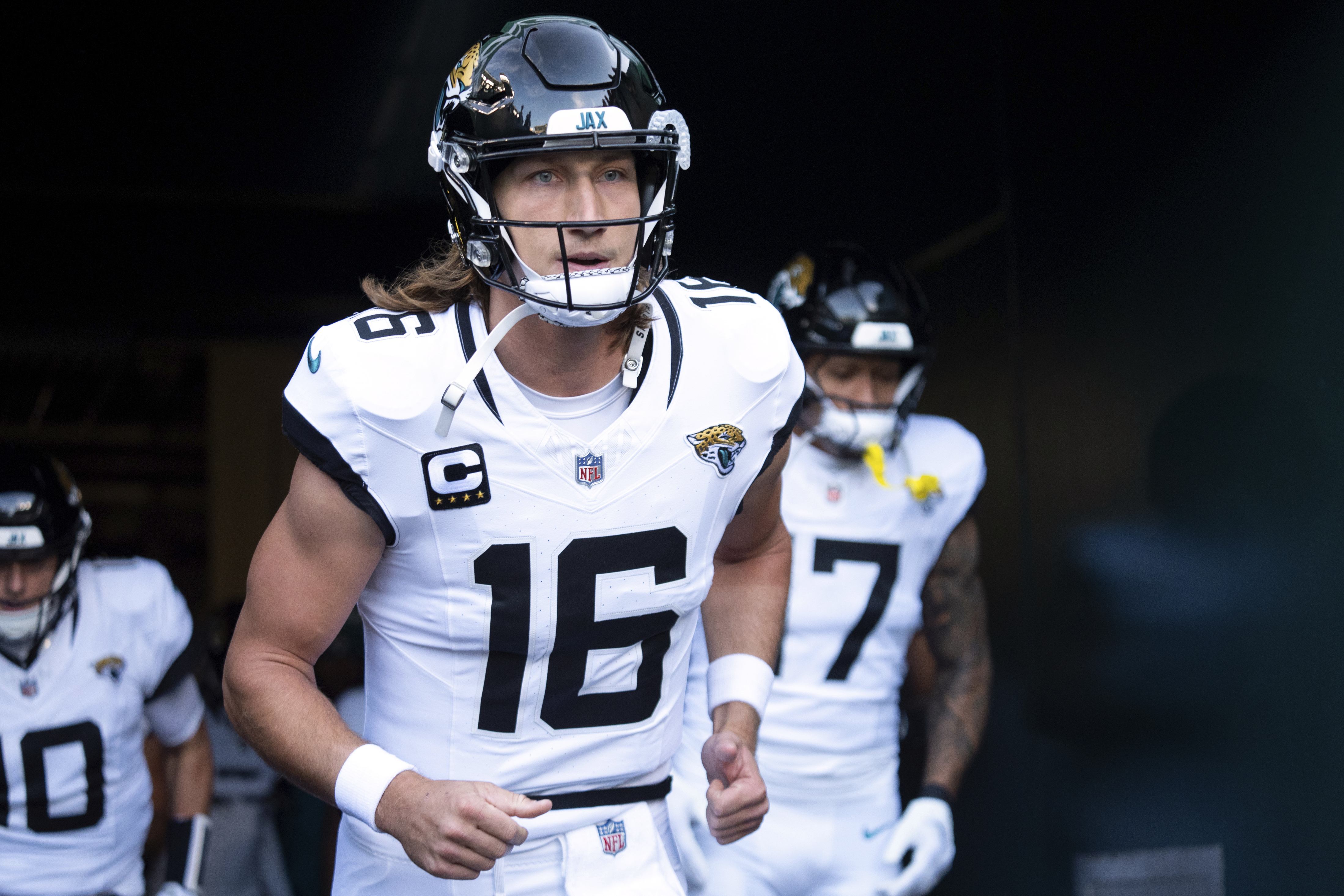 FILE - Jacksonville Jaguars quarterback Trevor Lawrence (16) heads out of the tunnel during the NFL football game against the Philadelphia Eagles, Sunday, Nov. 3, 2024, in Philadelphia.