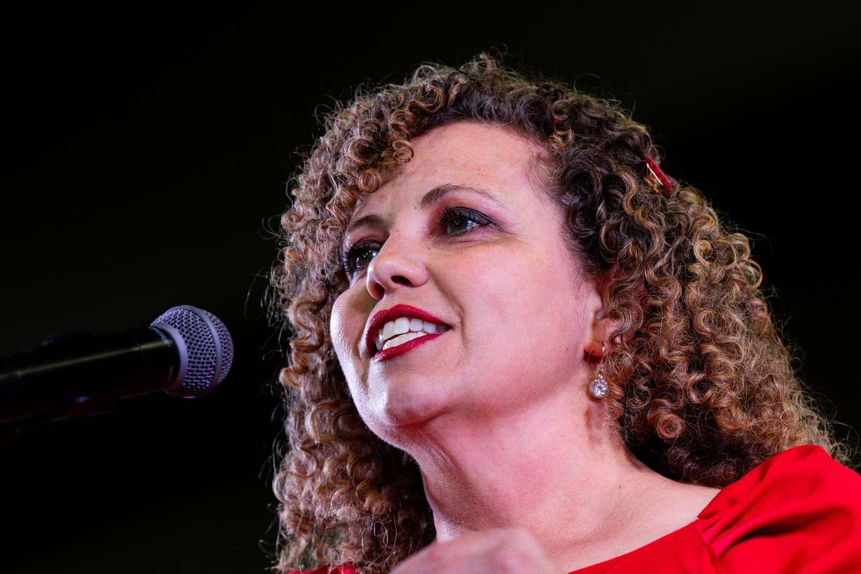 Rep. Celeste Maloy, R-Utah, the incumbent candidate running for the 2nd Congressional District, speaks at the Utah Republican Party state nominating convention at the Salt Palace Convention Center in Salt Lake City on Saturday, April 27, 2024.