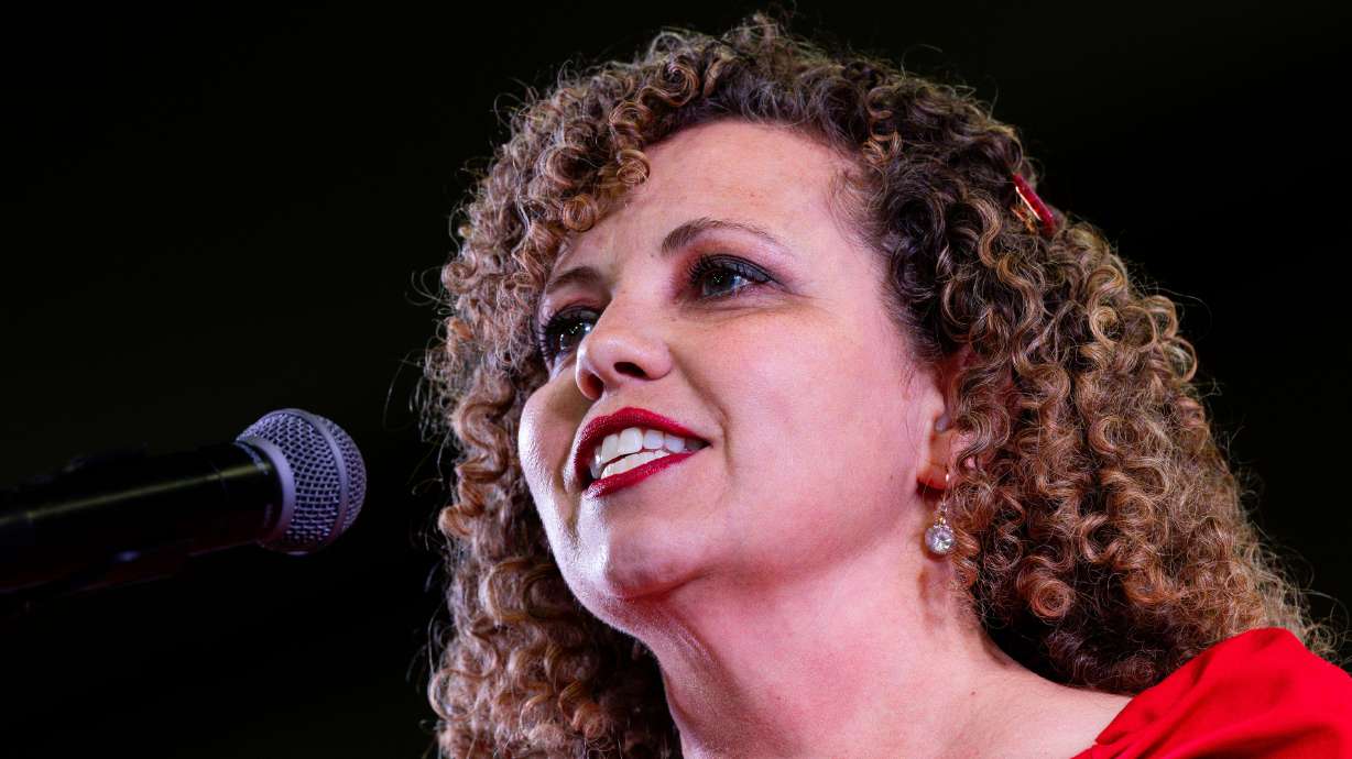 Rep. Celeste Maloy, R-Utah, speaks at the Utah Republican Party state nominating convention in Salt Lake City on April 27, 2024. Maloy is cosponsoring a bill meant to limit the spread of nonconsensual deepfake pornography online.