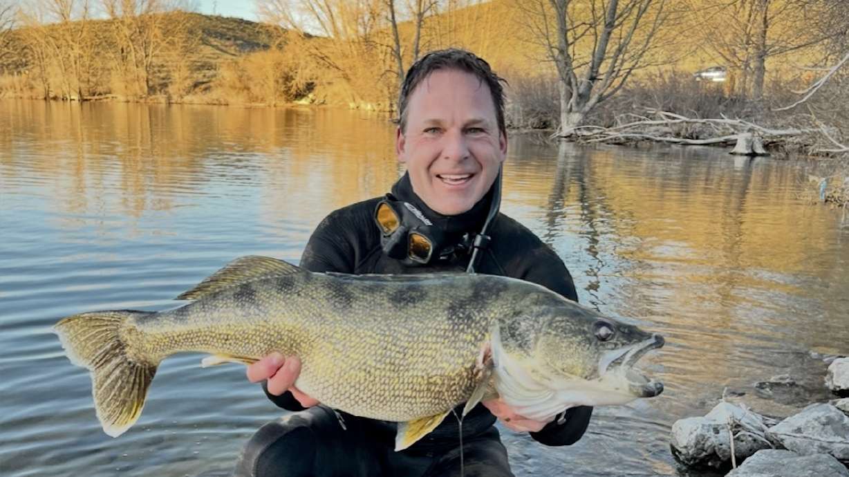 Steven Gottfredson poses with a record walleye he caught while spearfishing at Deer Creek Reservoir on April 11, 2024. Gottfredson set two spearfishing records in 2024, while five other state records were also set last year.