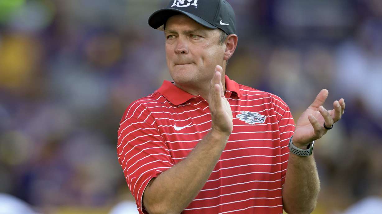 FILE - New Mexico head coach Danny Gonzales walks the field during an NCAA football game against LSU on Saturday, Sept. 24, 2022, in New Orleans.