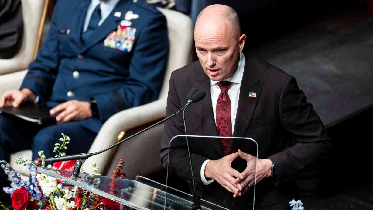 Gov. Spencer Cox gives his inaugural address during the state of Utah’s public inauguration ceremonies held at the Eccles Theater in Salt Lake City on Wednesday.