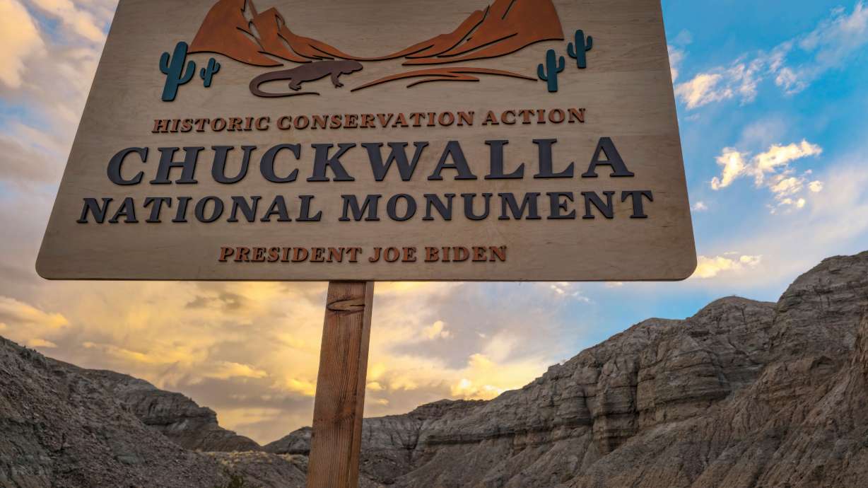 A sign is set up ahead of President Joe Biden's visit to the Chuckwalla National Monument early morning Tuesday, to the Coachella Valley, California.