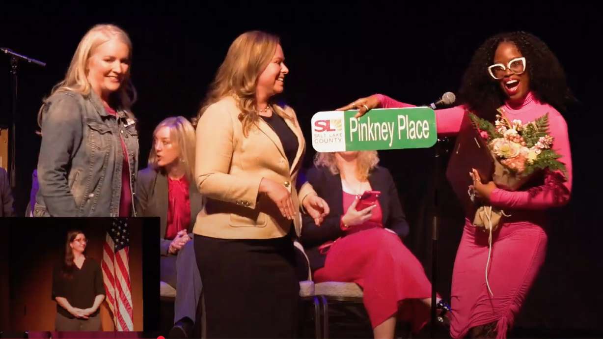 Salt Lake County Councilwoman Natalie Pinkney, right, at her inauguration during a ceremony in Taylorsville on Monday.