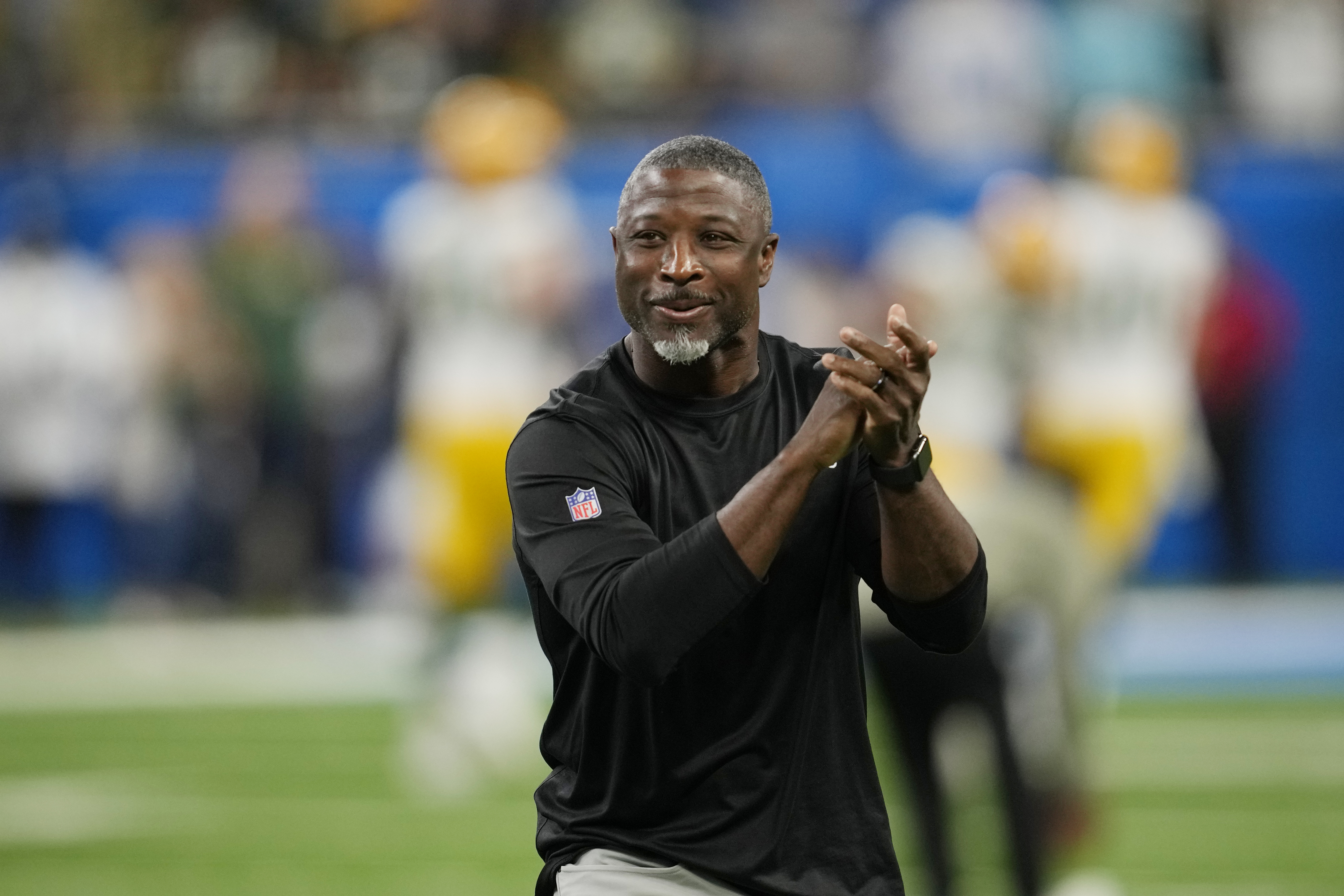 FILE - Detroit Lions defensive coordinator Aaron Glenn looks on during pregame of an NFL football game against the Green Bay Packers, Nov. 6, 2022, in Detroit.