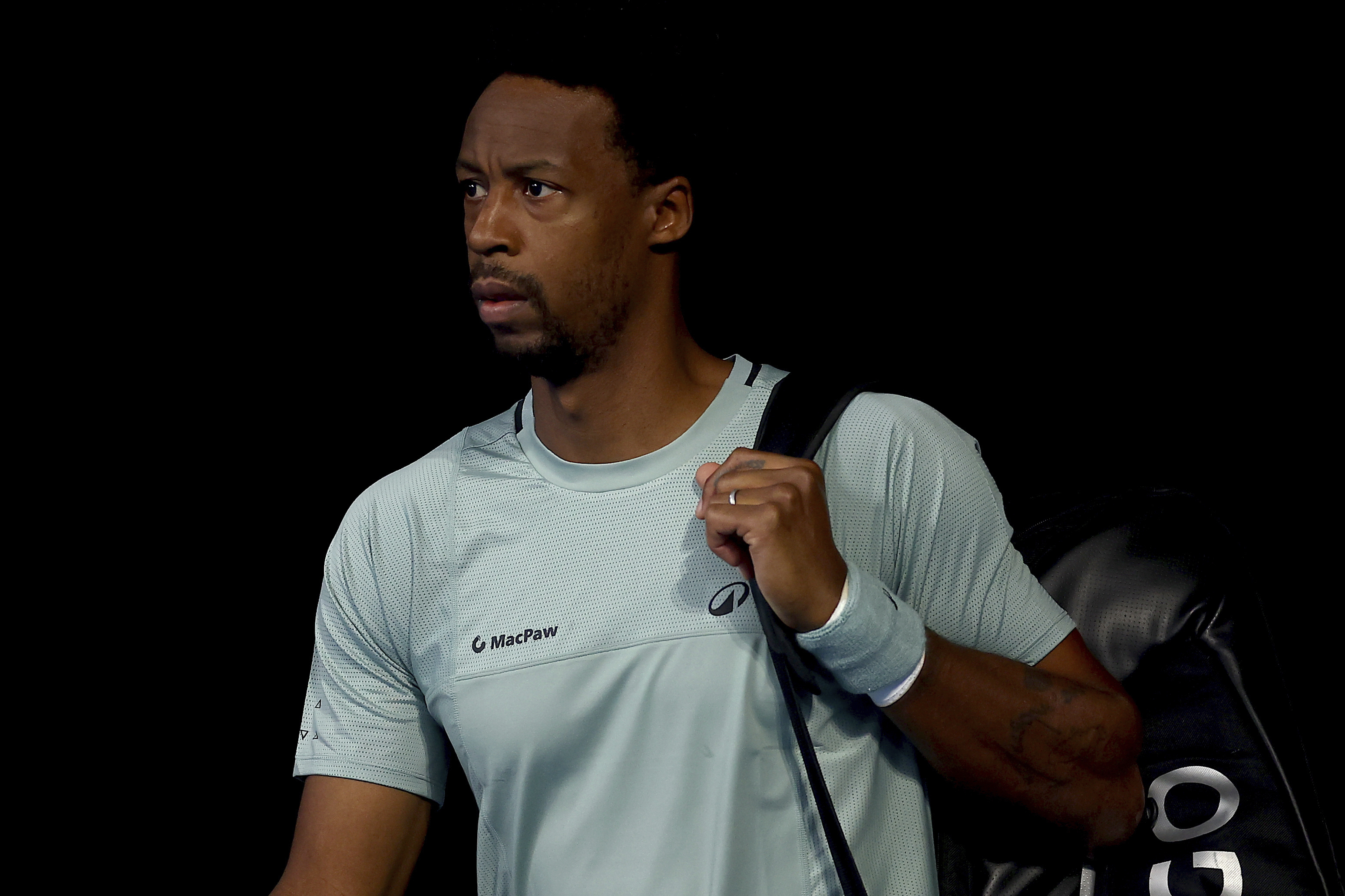 France's Gael Monfils looks on during his match against Serbia's Novak Djokovic at the Brisbane International in Brisbane, Australia, Thursday, Jan. 2, 2025.