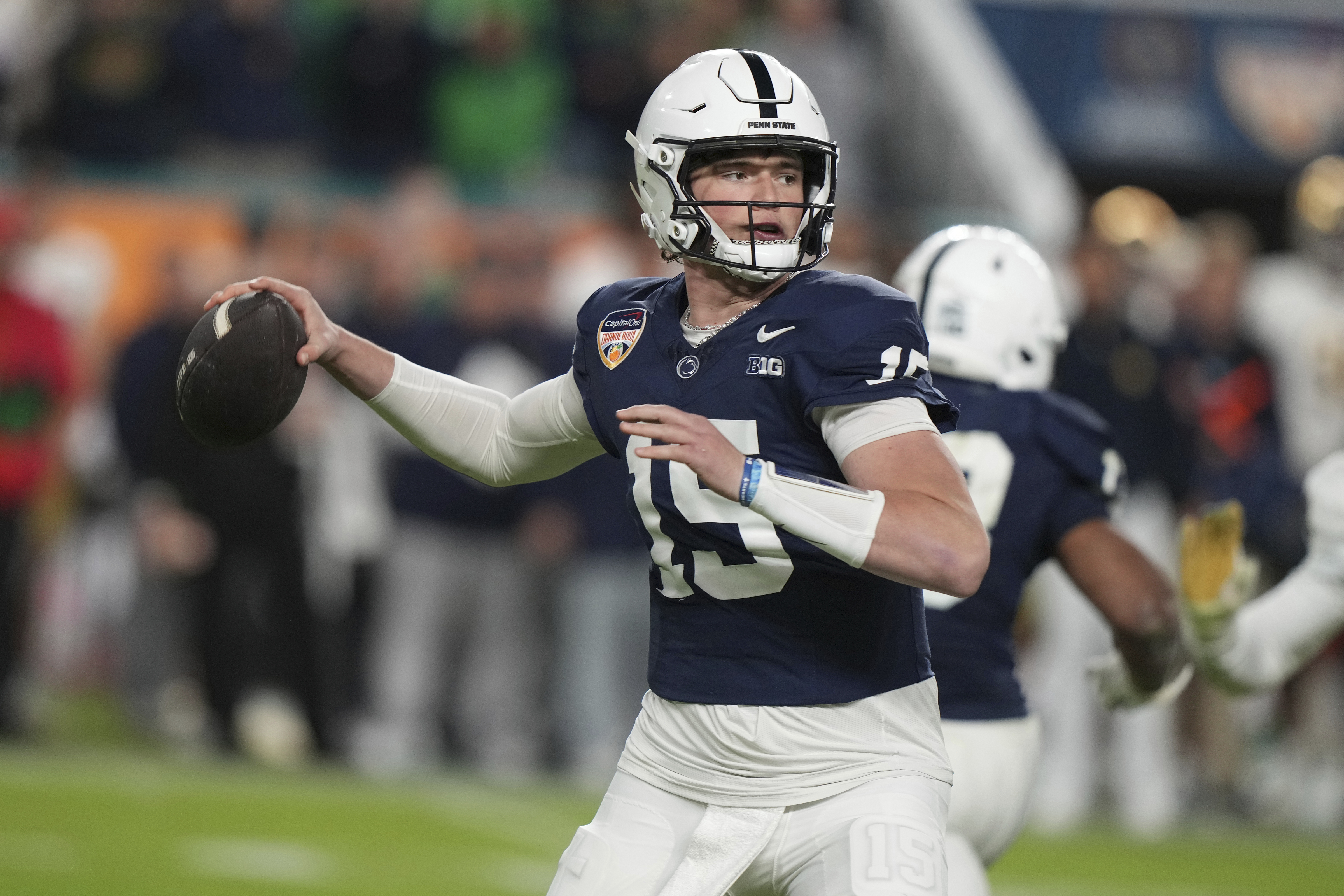 Penn State quarterback Drew Allar (15) aims a pass during the second half of the Orange Bowl NCAA College Football Playoff semifinal game against Notre Dame, Thursday, Jan. 9, 2025, in Miami Gardens, Fla.
