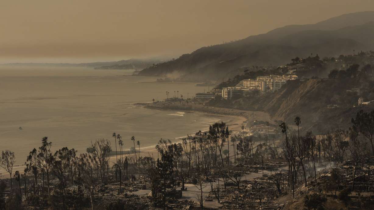 A mobile home community devastated by the Palisades Fire is seen in the Pacific Palisades neighborhood of Los Angeles, Thursday, Jan. 9, 2025.