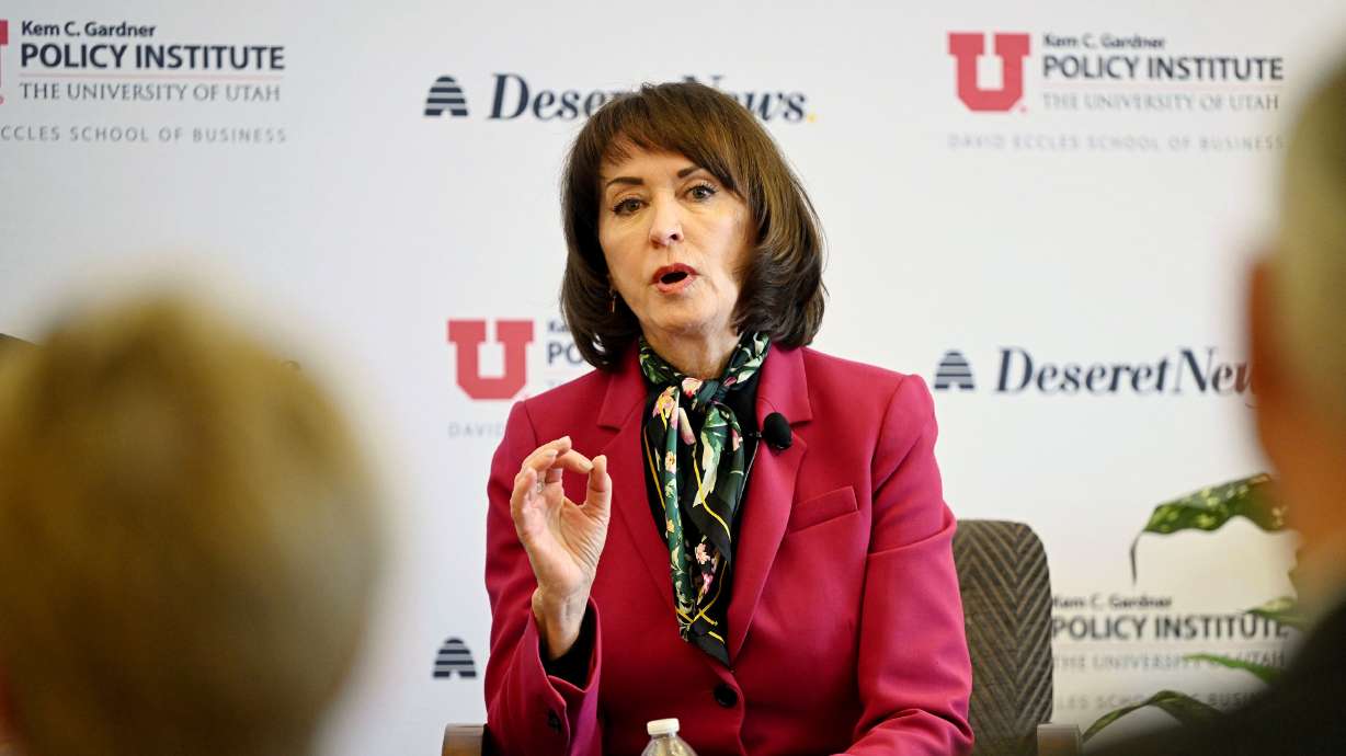 State Superintendent of Public Instruction Sydnee Dickson participates in discussions at the Thomas S. Monson Center in Salt Lake City on March 18, 2024. Dickson announced Friday she will step down from her role in June.