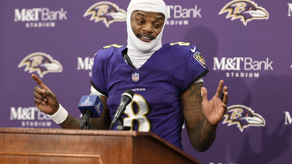 Baltimore Ravens quarterback Lamar Jackson speaks during a news conference following an NFL football game against the Cleveland Browns Saturday, Jan. 4, 2025, in Baltimore. The Ravens won 35-10.