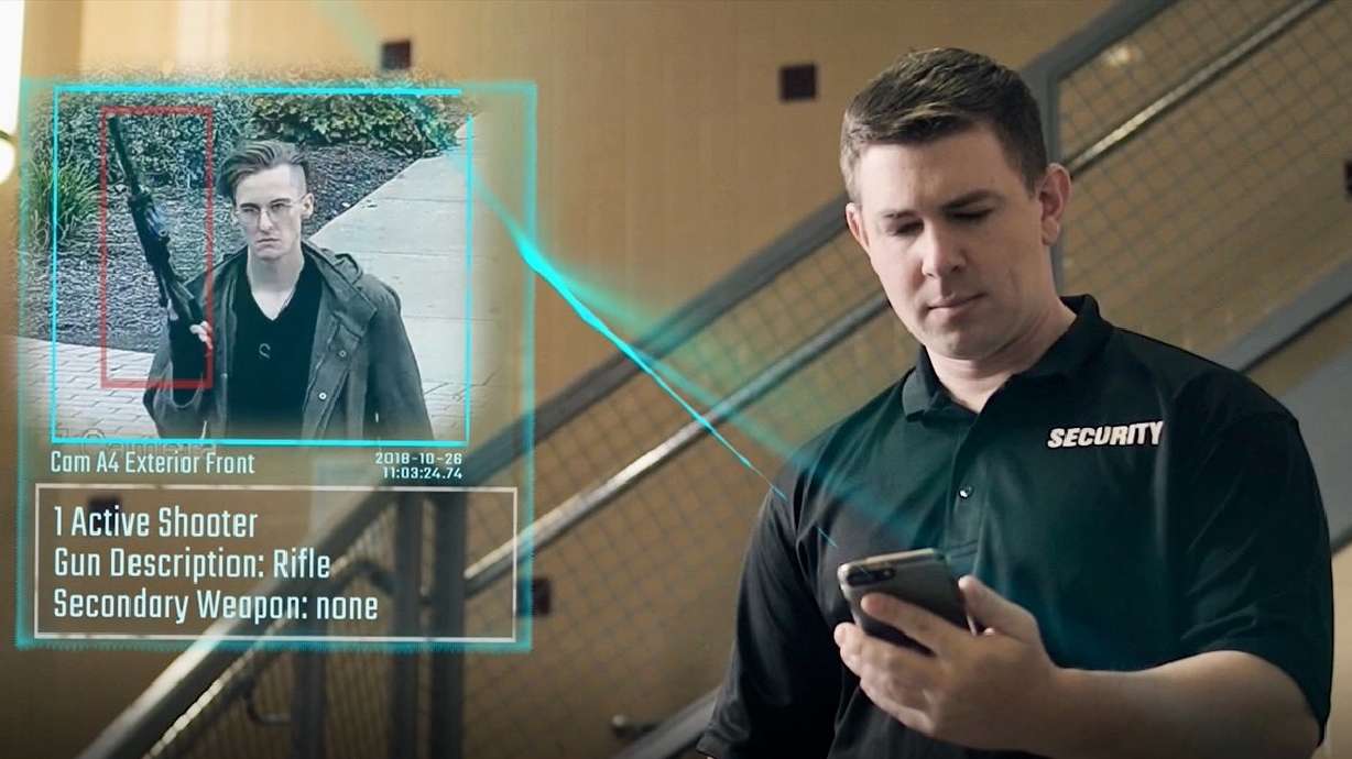 The image from ZeroEyes depicts the sort of scenario when the firm's software, used in Utah schools, is to come into play. The technology is designed to detect guns and relay the information to security officials.