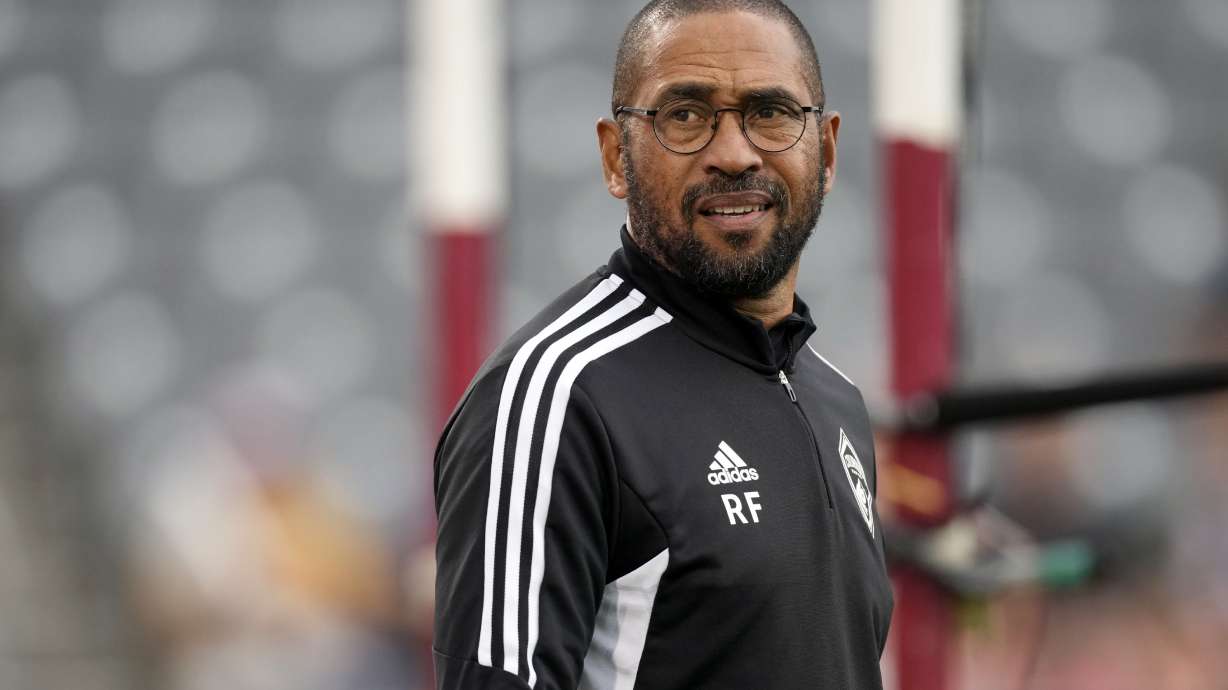 FILE - Colorado Rapids head coach Robin Fraser looks on during the first half of an MLS soccer match Saturday, Aug. 6, 2022, in Commerce City, Colo.
