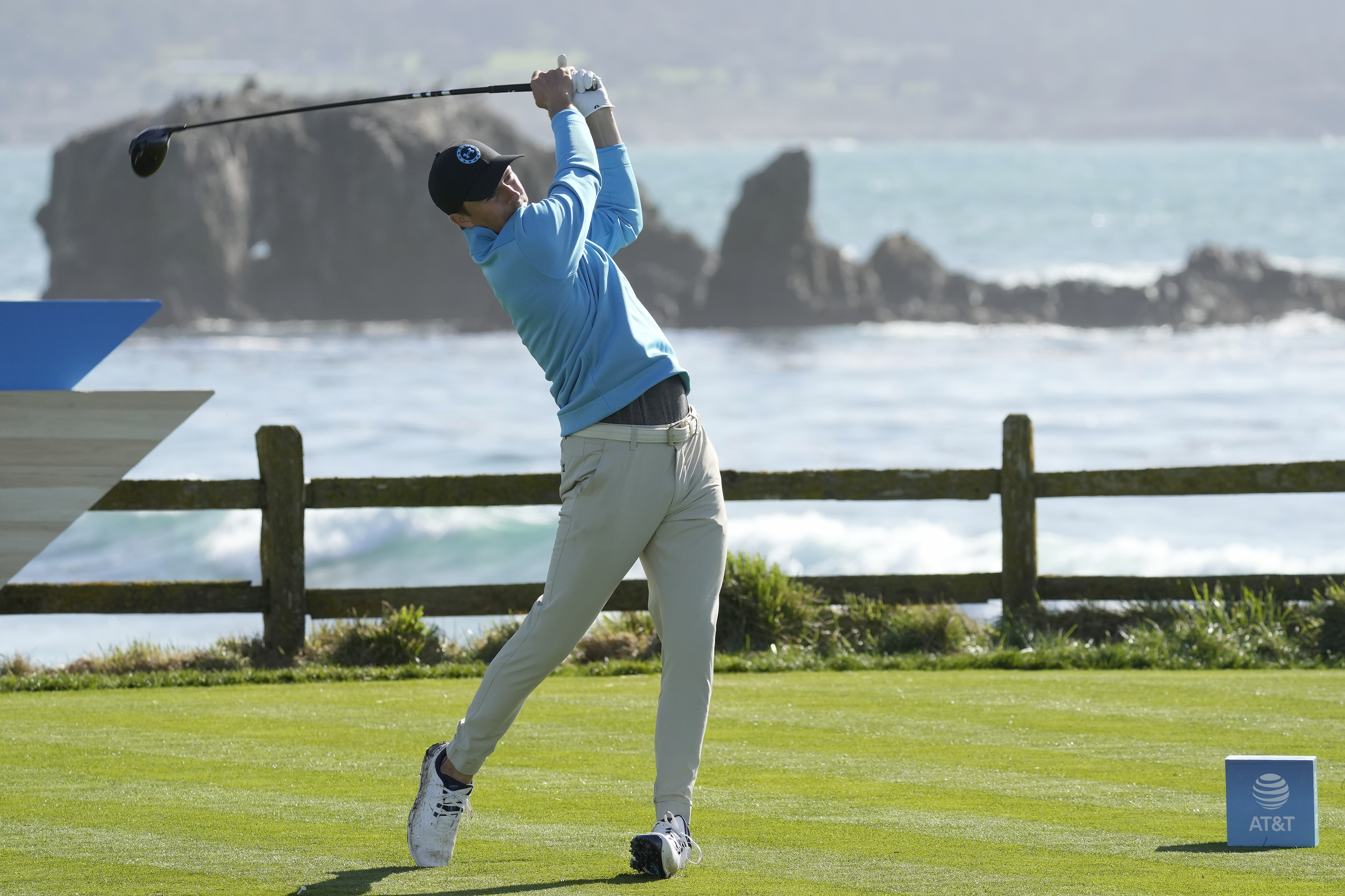 FILE - Jordan Spieth hits from the 18th tee at Pebble Beach Golf Links during the second round of the AT&T Pebble Beach National Pro-Am golf tournament in Pebble Beach, Calif., Friday, Feb. 2, 2024.