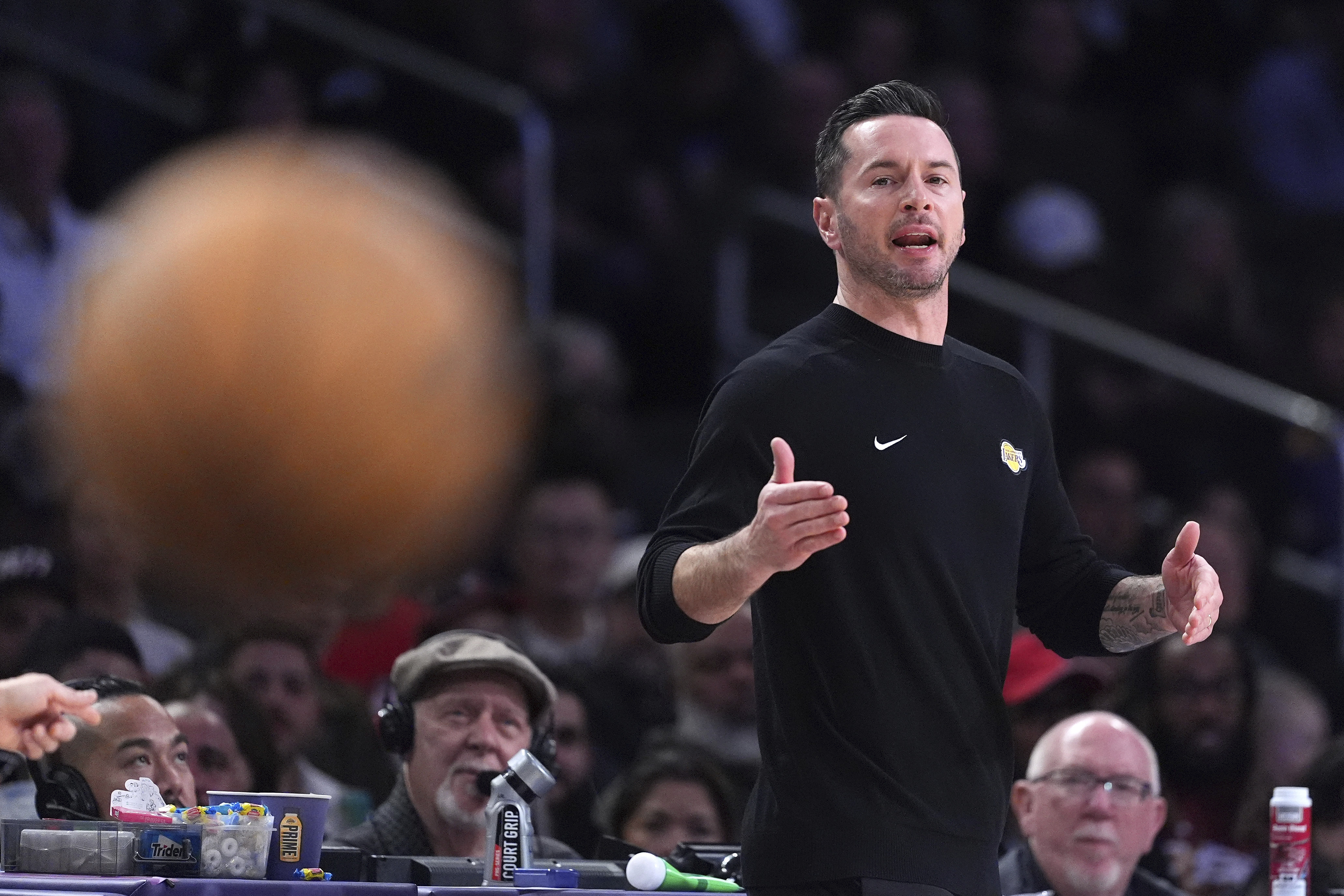 Los Angeles Lakers head coach JJ Redick gestures during the second half of an NBA basketball game against the Portland Trail Blazers, Thursday, Jan. 2, 2025, in Los Angeles.