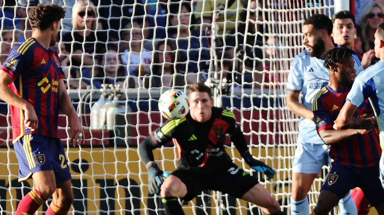 Real Salt Lake goalkeeper Gavin Beavers (35) makes a save against Atlanta in Sandy on Saturday, July 6, 2024.