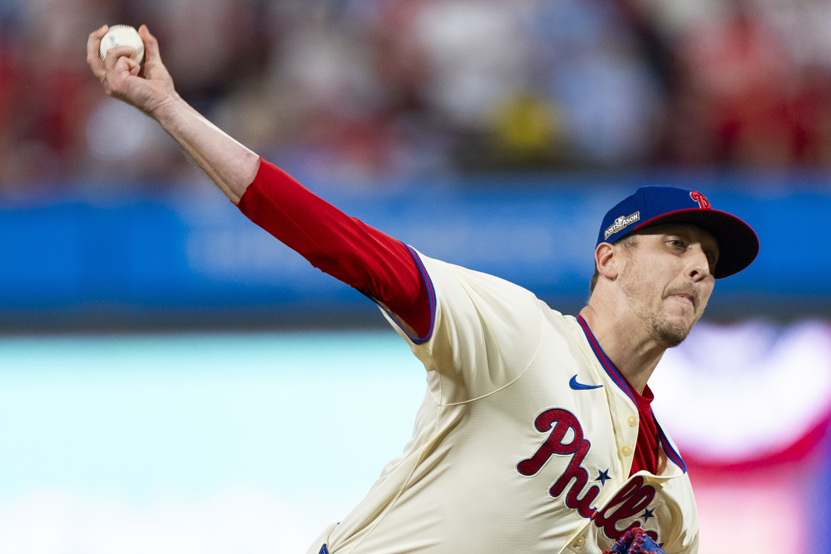 FILE - Philadelphia Phillies relief pitcher Jeff Hoffman delivers during Game 2 of a baseball NL Division Series against the New York Mets, Oct. 6, 2024, in Philadelphia.