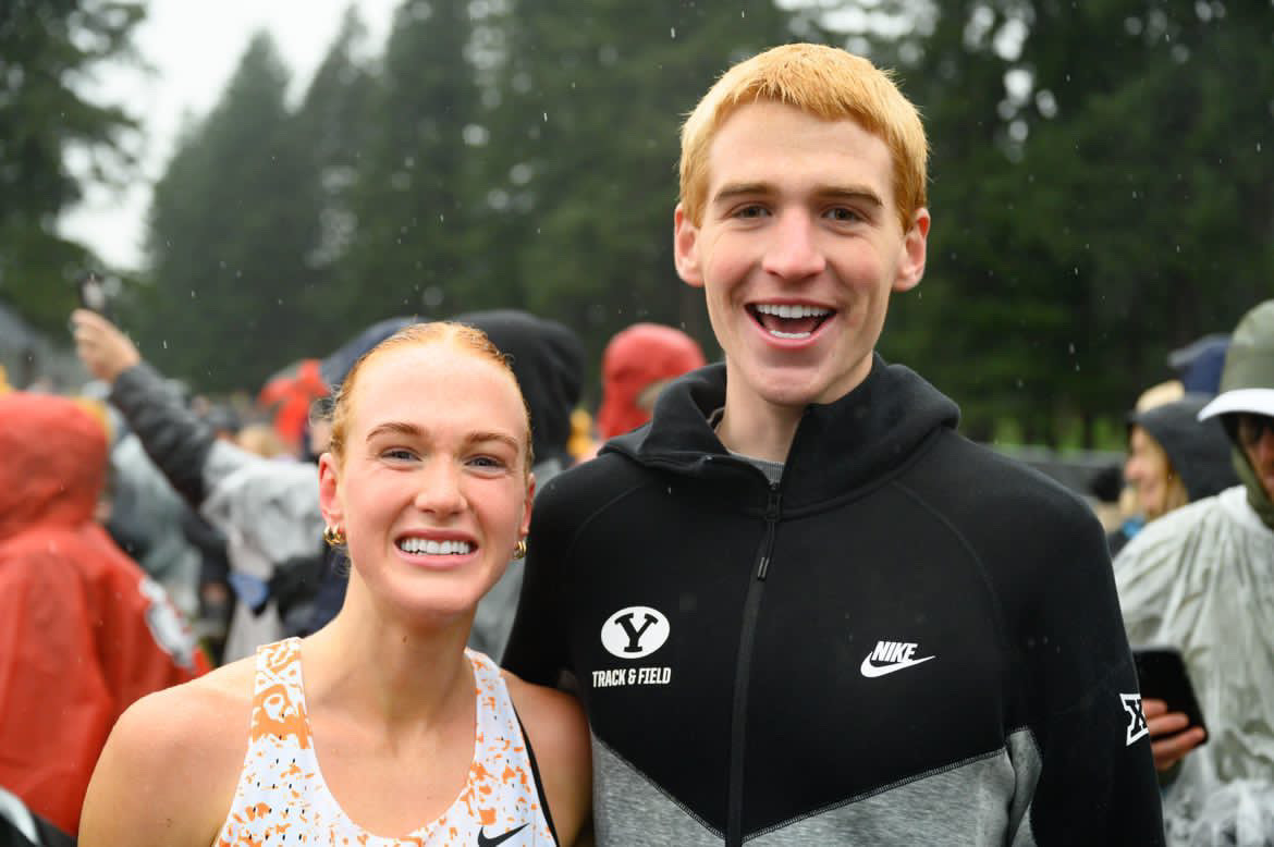 Timpview High School senior Jane Hedegren stands beside older brother Isaac Hedegren. Jane Hedegren was recently named USA Track and Field's Athlete of the Week for record-breaking performances.