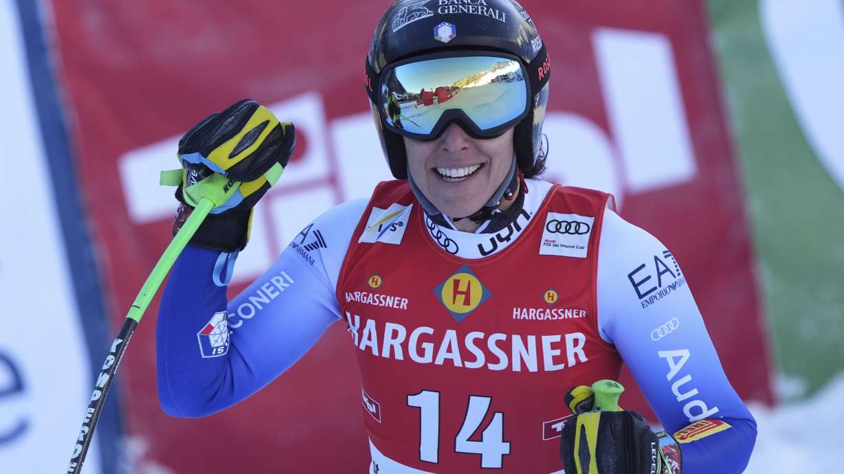 Italy's Federica Brignone reacts after completing an alpine ski, women's World Cup downhill race, in St. Anton, Austria, Saturday, Jan. 11, 2025.