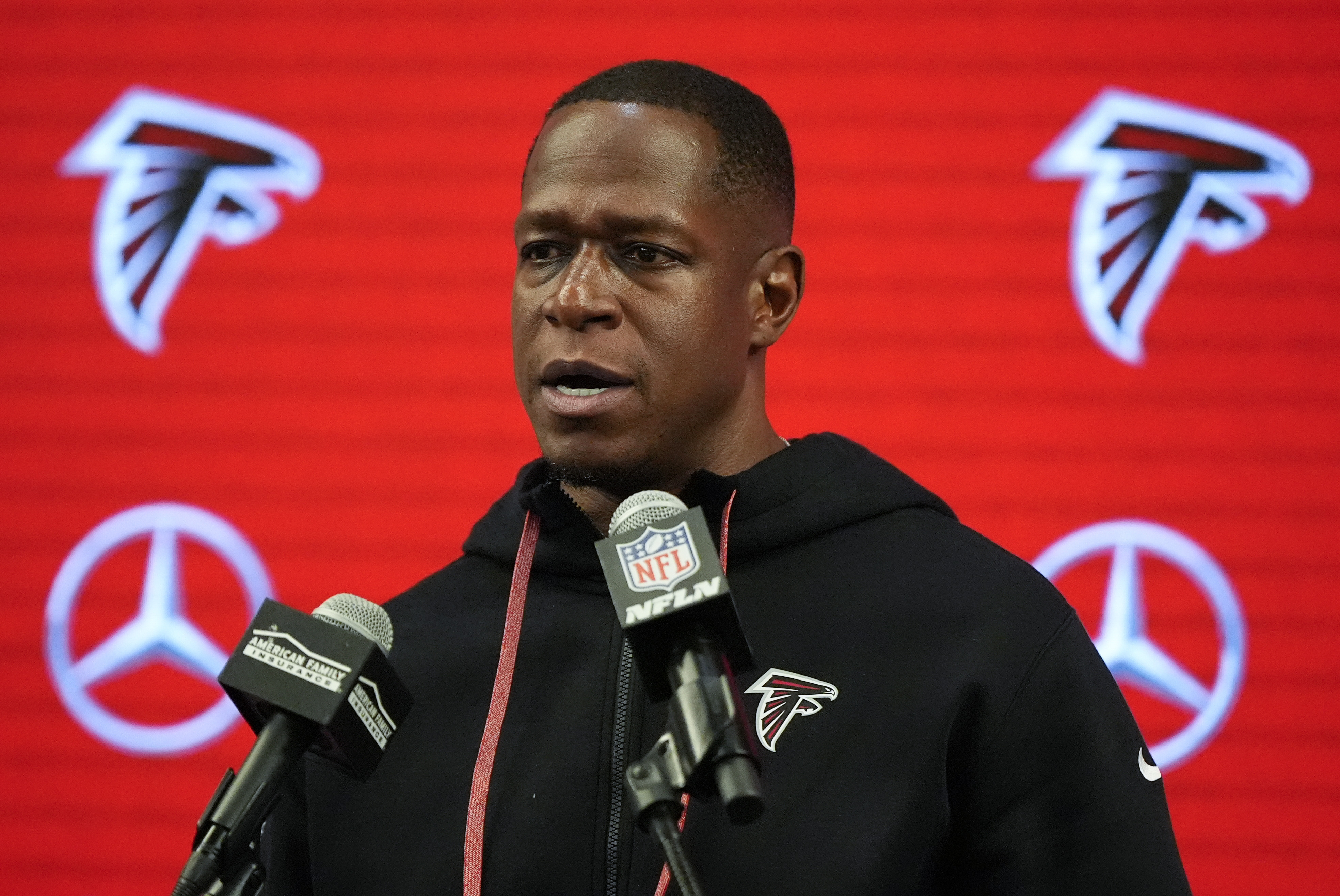 Atlanta Falcons head coach Raheem Morris speaks after an NFL football game against the Carolina Panthers, Sunday, Jan. 5, 2025, in Atlanta.