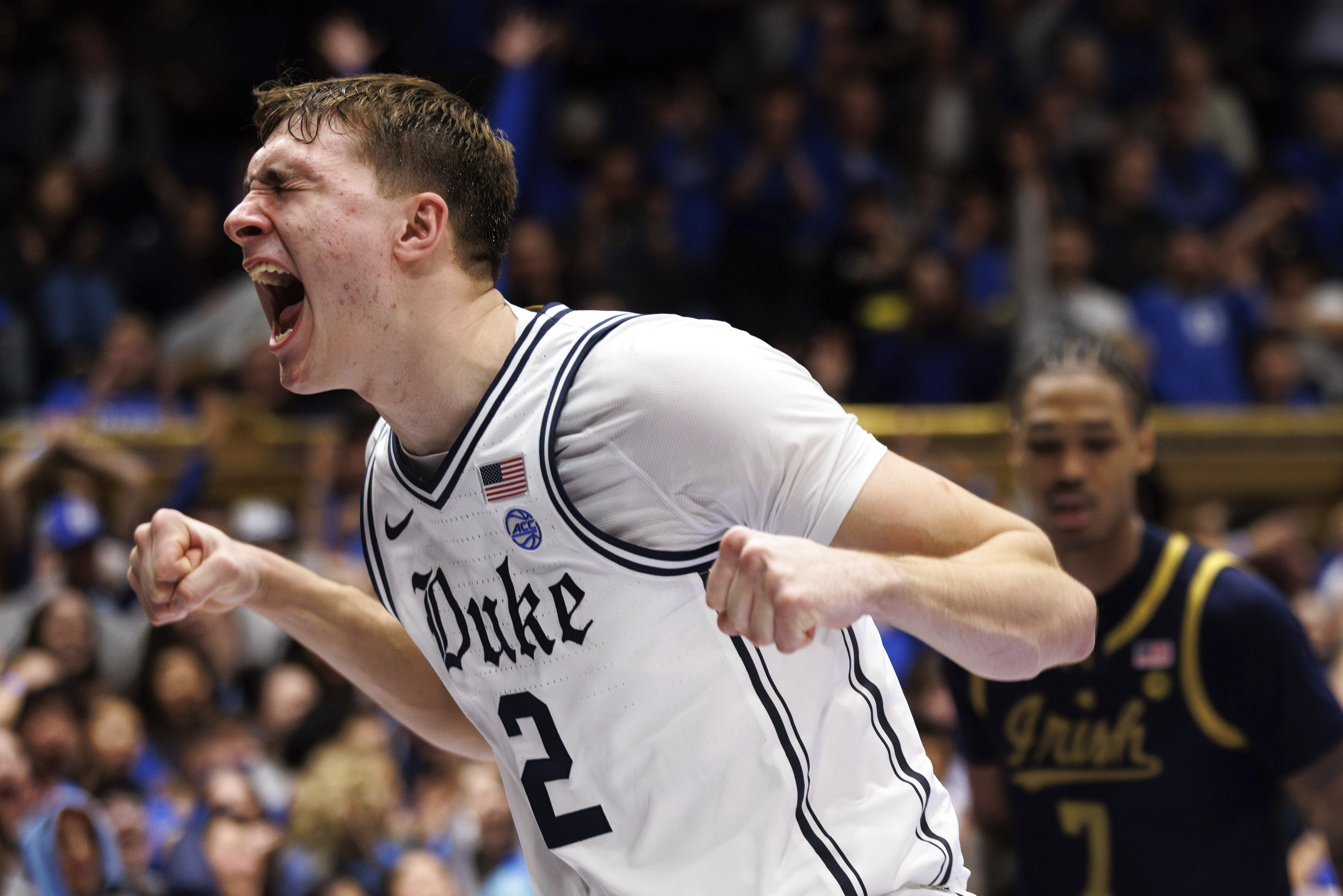 Duke's Cooper Flagg (2) reacts after a dunk during the second half of an NCAA college basketball game against Notre Dame in Durham, N.C., Saturday, Jan. 11, 2025.