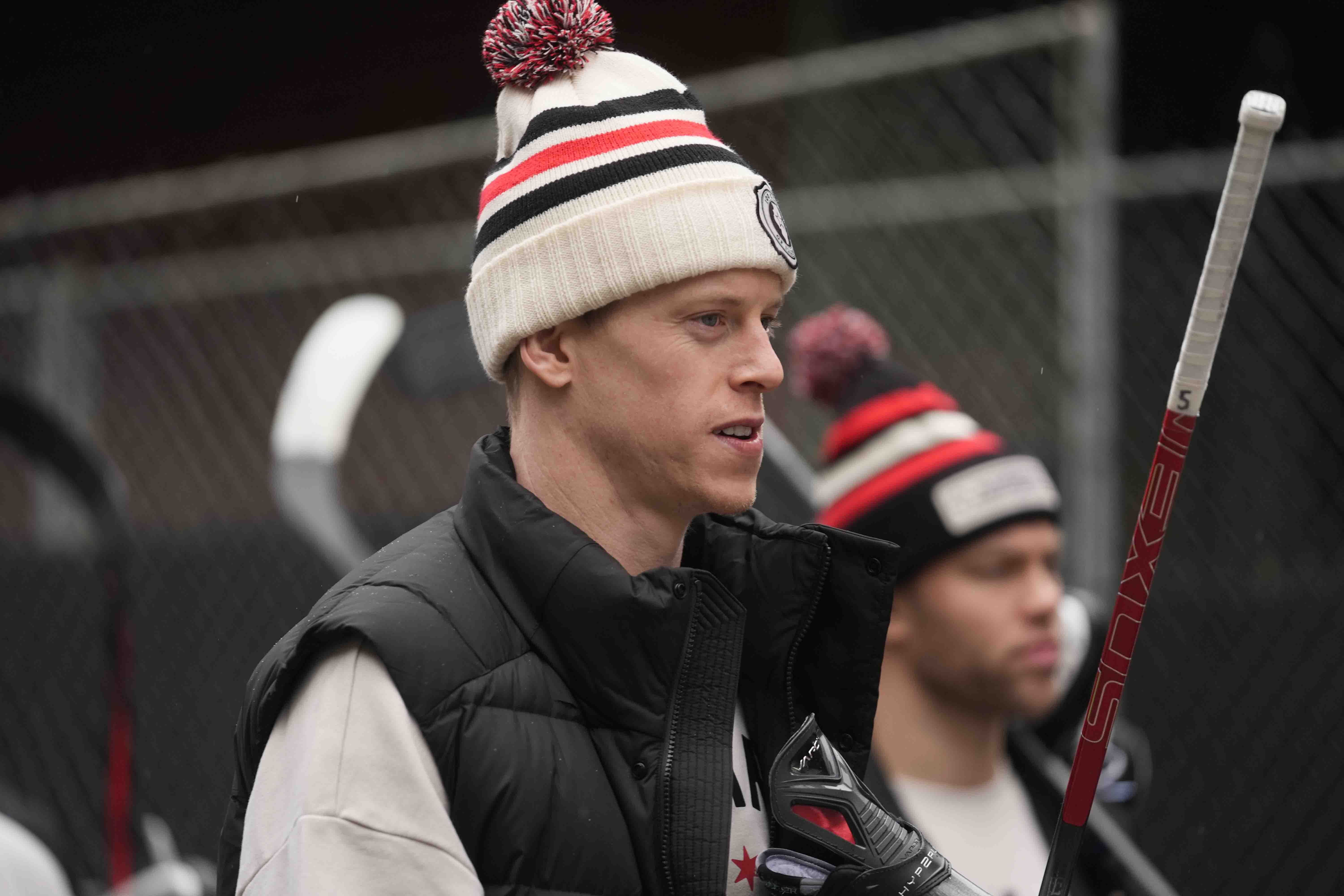 Chicago Blackhawks defenseman Connor Murphy arrives for the NHL Winter Classic outdoor hockey game featuring the Blackhawks and St. Louis Blues at Wrigley Field, Tuesday, Dec. 31, 2024, in Chicago. 