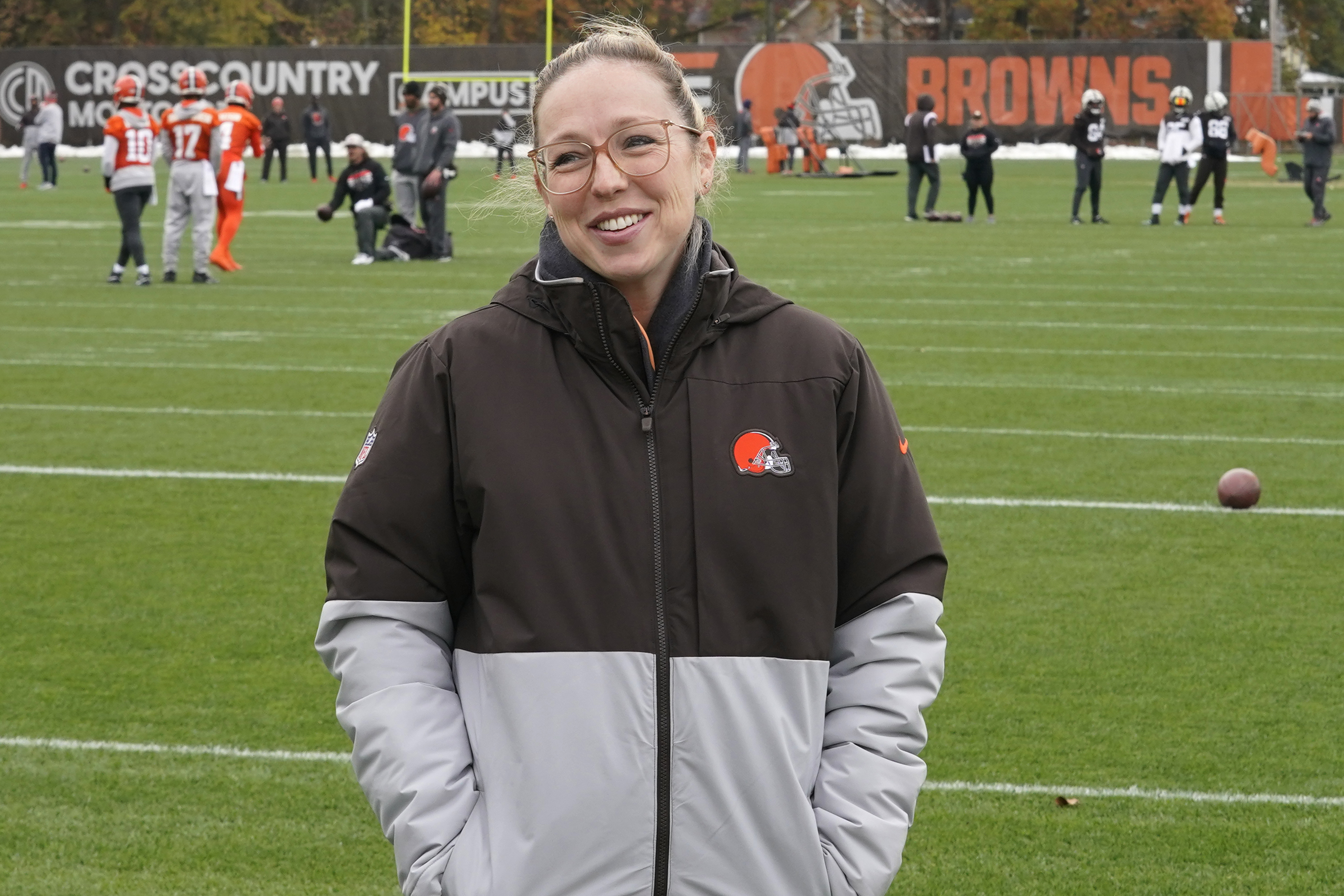 FILE - Catherine Hickman, assistant GM & vice president of football operations for the Cleveland Browns, is pictured during an interview at an NFL football practice, Thursday, Nov. 2, 2023, in Berea, Ohio. 