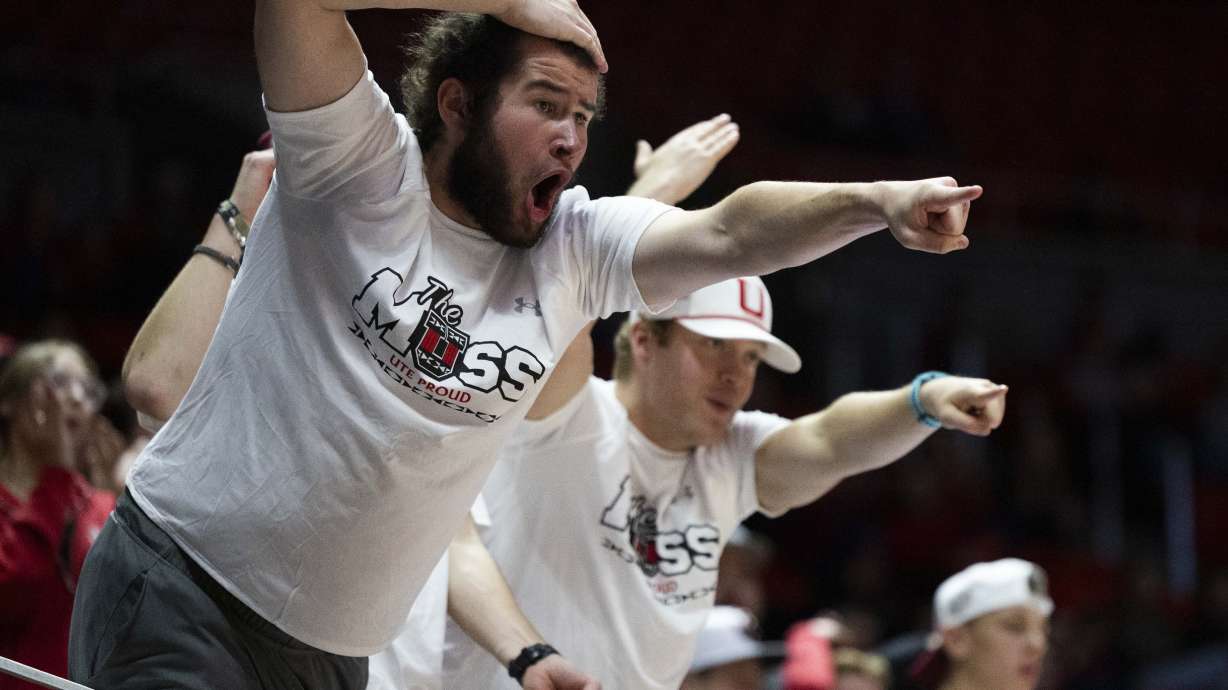 Utah Utes fans celebrate Utah scoring a basket during a game against the Oklahoma State Cowboys at the Jon M. Huntsman Center on the campus of the University of Utah in Salt Lake City on Saturday, Jan. 11, 2025.