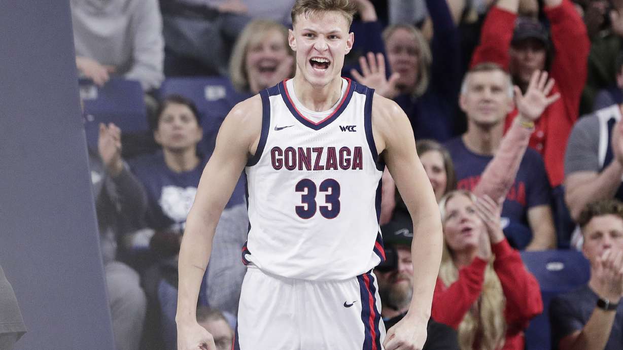 Gonzaga forward Ben Gregg (33) celebrates his dunk during the first half of an NCAA college basketball game against Washington State, Saturday, Jan. 11, 2025, in Spokane, Wash.