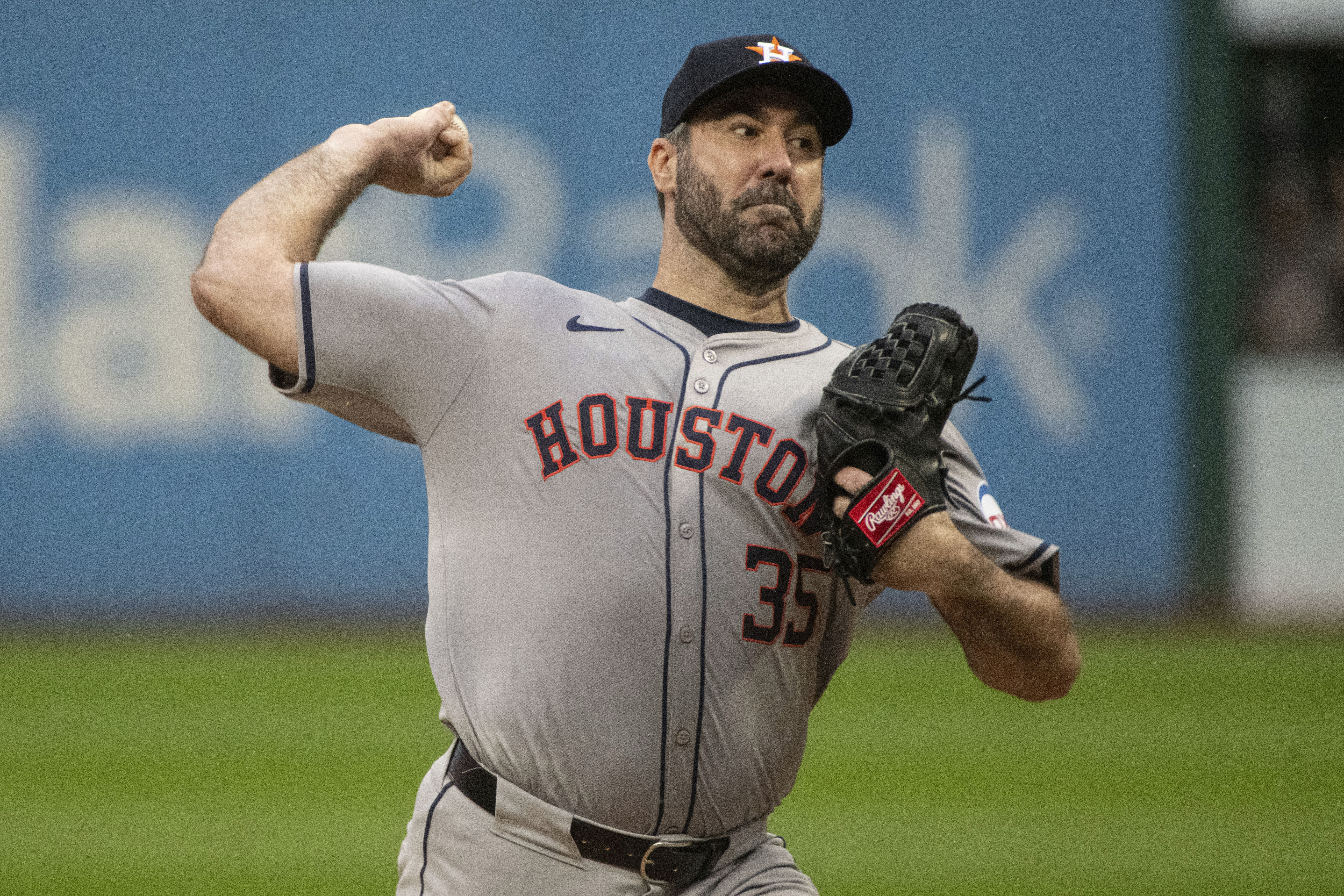 FILE - Houston Astros starting pitcher Justin Verlander delivers against the Cleveland Guardians during the first inning of a baseball game in Cleveland, Sept. 28, 2024.