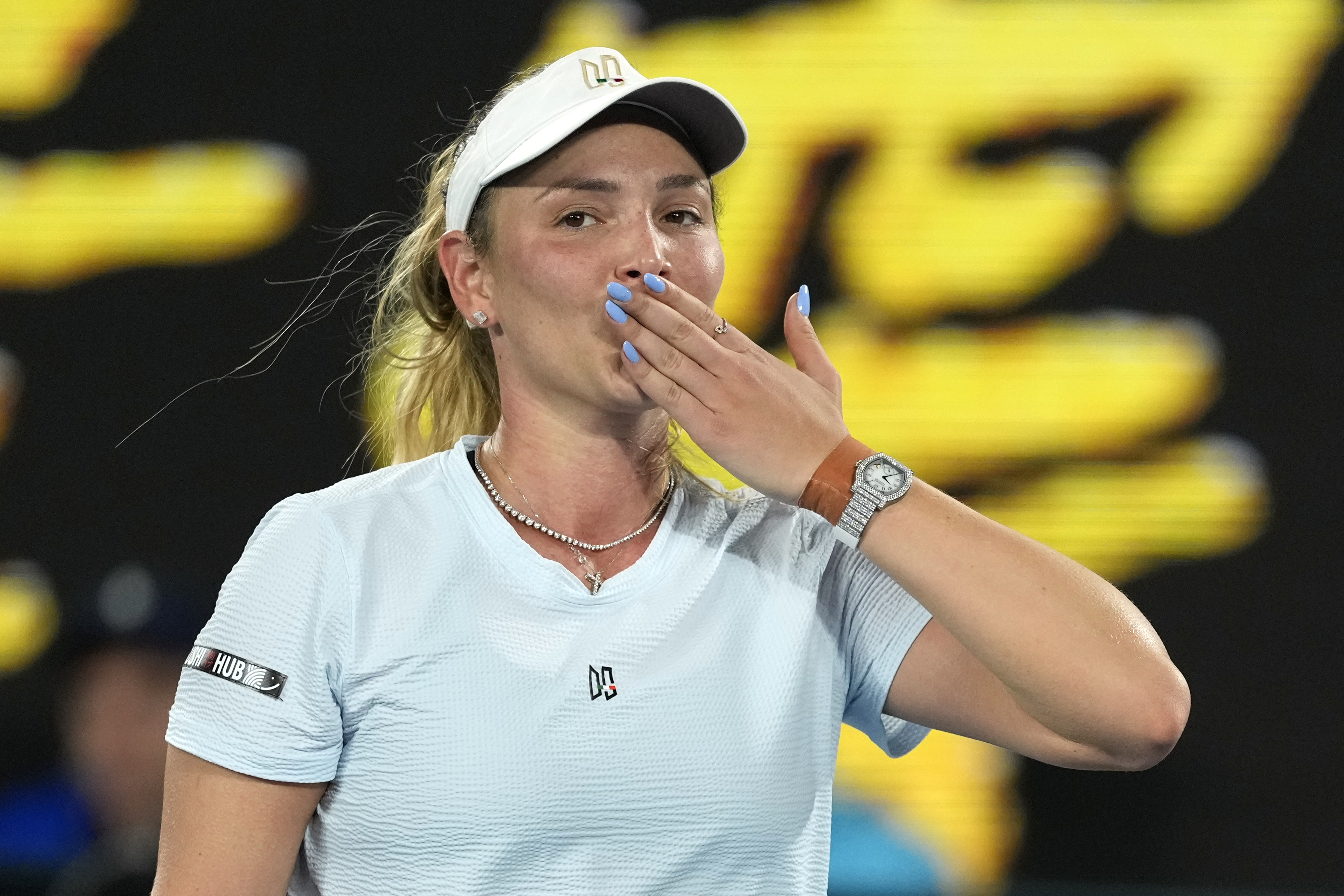 Donna Vekic of Croatia celebrates after defeating Diane Parry of France during their first round match at the Australian Open tennis championship in Melbourne, Australia, Sunday, Jan. 12, 2025.