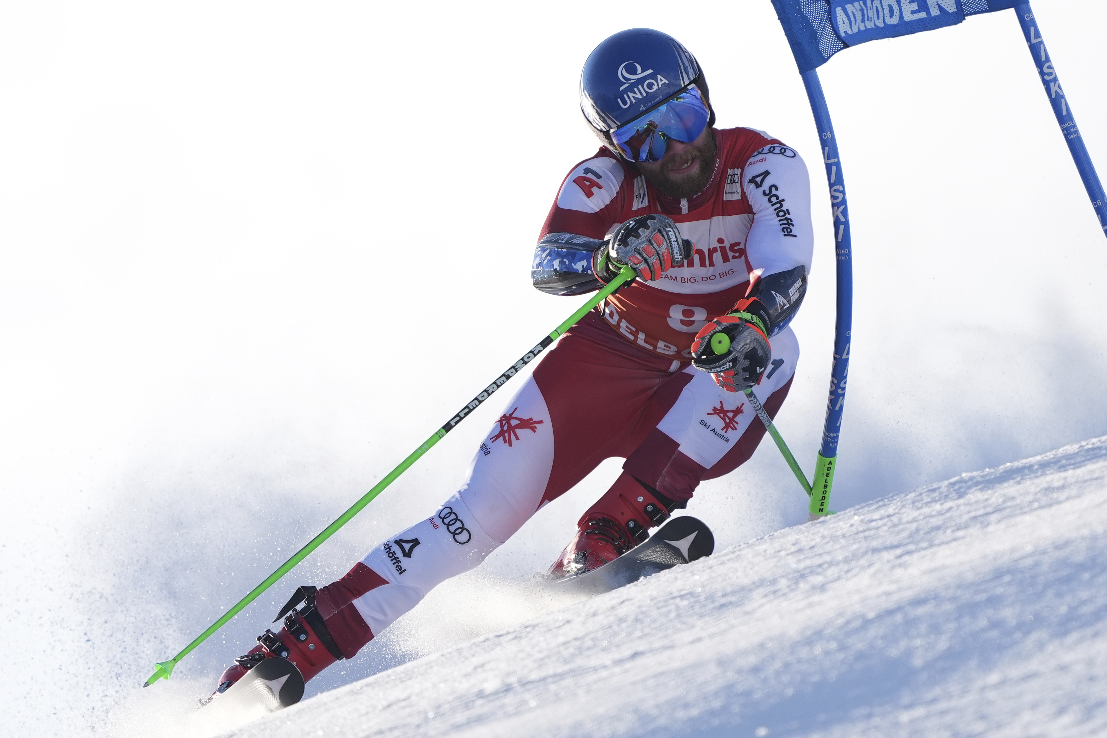 Austria's Marco Schwarz speeds down the course during an alpine ski, men's World Cup giant slalom race, in Adelboden, Switzerland, Sunday, Jan. 12, 2025. 