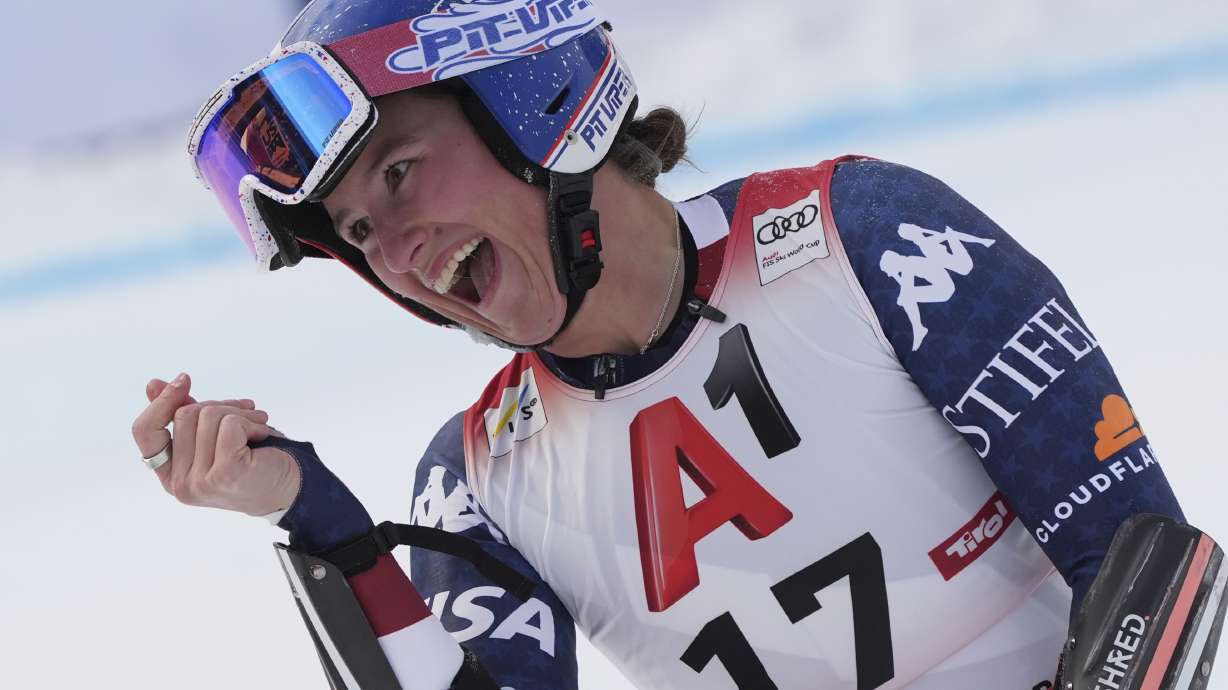 United States' Lauren Macuga reacts after completing an alpine ski, women's World Cup super G race, in St. Anton, Austria, Sunday, Jan. 12, 2025.