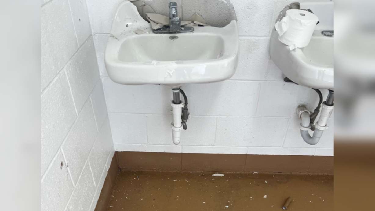Photo of a sink that is destroyed in the restroom at the Little Valley Fields park during a recent rash of vandalism reports in St. George, Jan. 6.